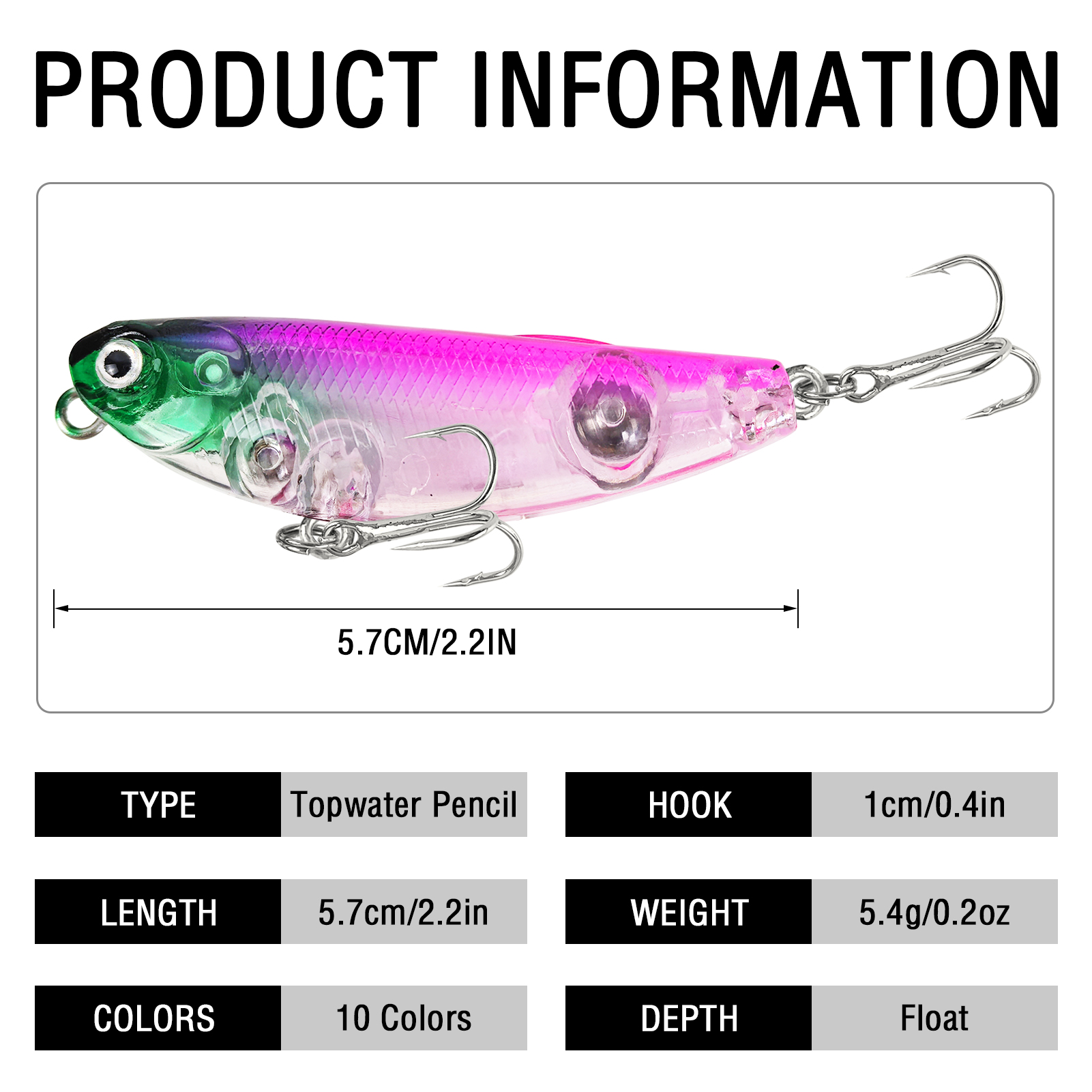 FREE FISHER Fishing Hard Lures Set,5.7cm 5.4g Pencil Baits,Swimbaits with Treble Hooks,Saltwater Freshwater Artificial Bait Kit(Pack of 10)