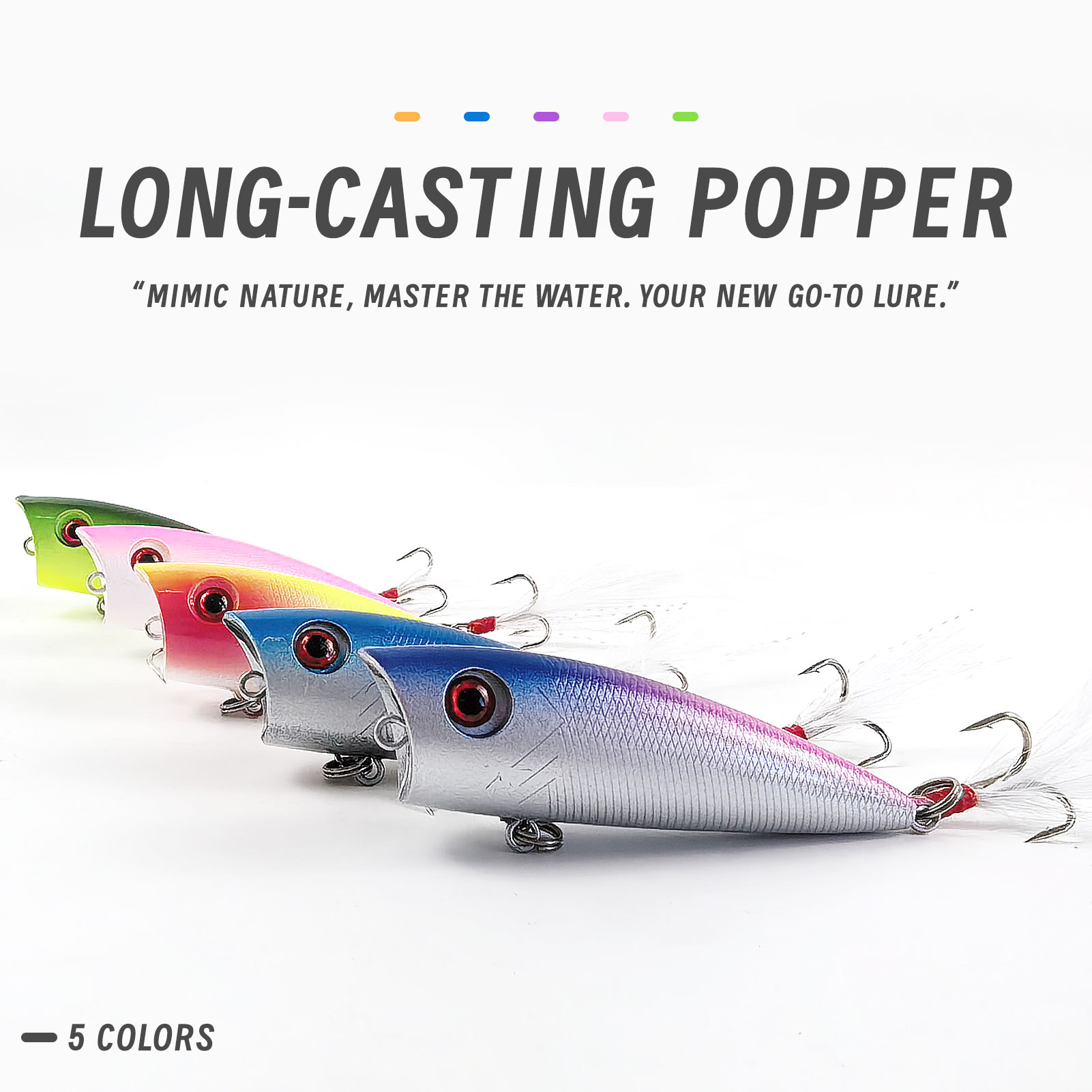FREE FISHER Fishing Popper Lures,6.5cm 6g Hard Fishing Bait with Feather Treble Hooks,Topwater Rooster Tail Lure Plugs Swimbaits(Pack of 5)
