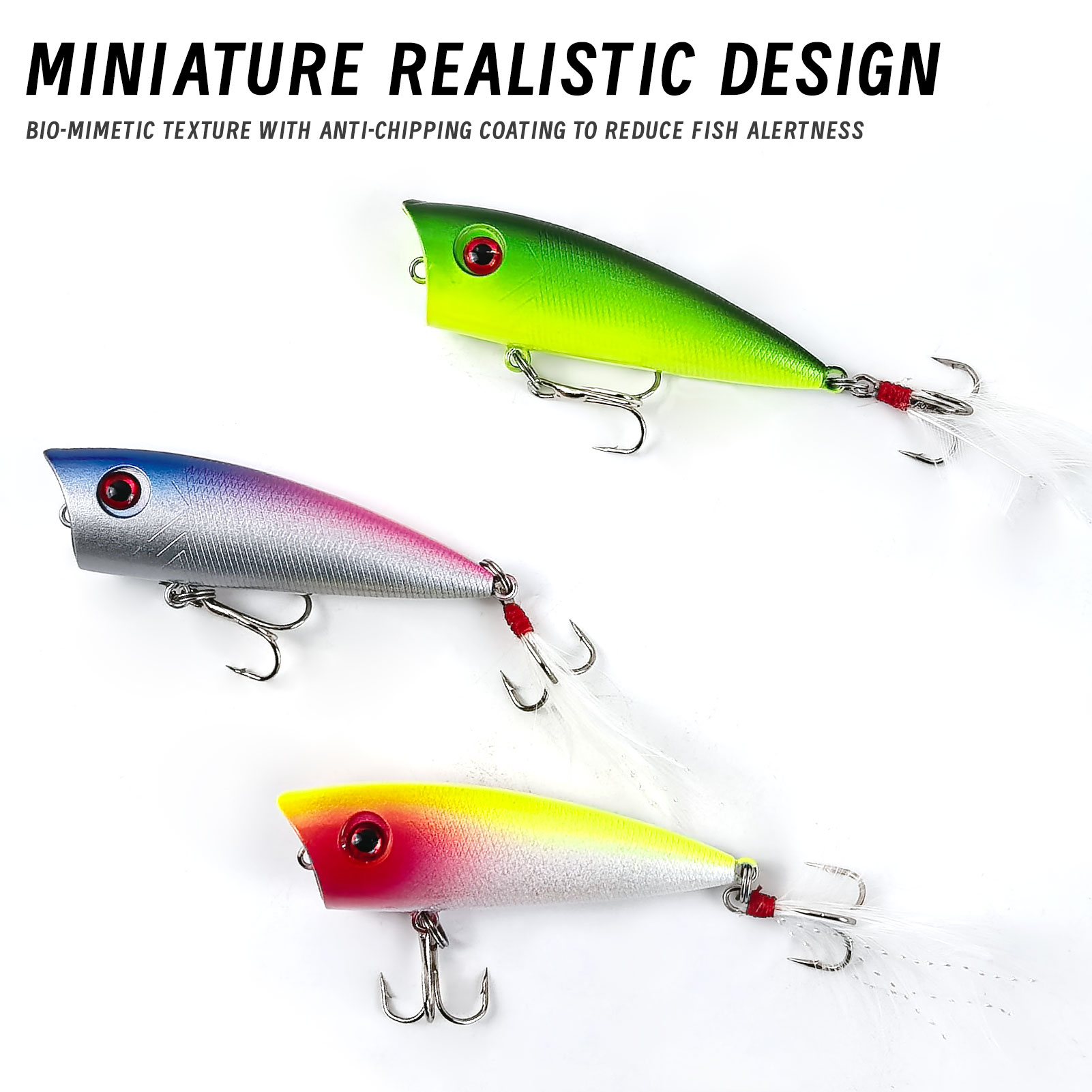 FREE FISHER Fishing Popper Lures,6.5cm 6g Hard Fishing Bait with Feather Treble Hooks,Topwater Rooster Tail Lure Plugs Swimbaits(Pack of 5)