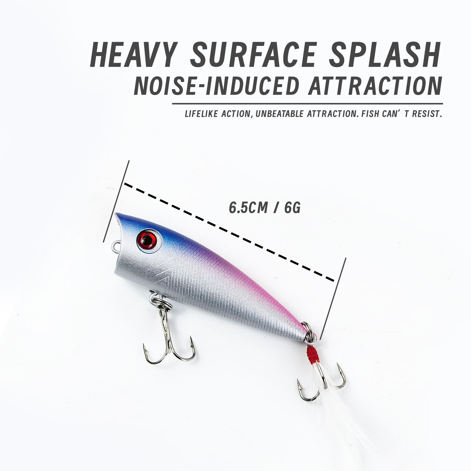 FREE FISHER Fishing Popper Lures,6.5cm 6g Hard Fishing Bait with Feather Treble Hooks,Topwater Rooster Tail Lure Plugs Swimbaits(Pack of 5)