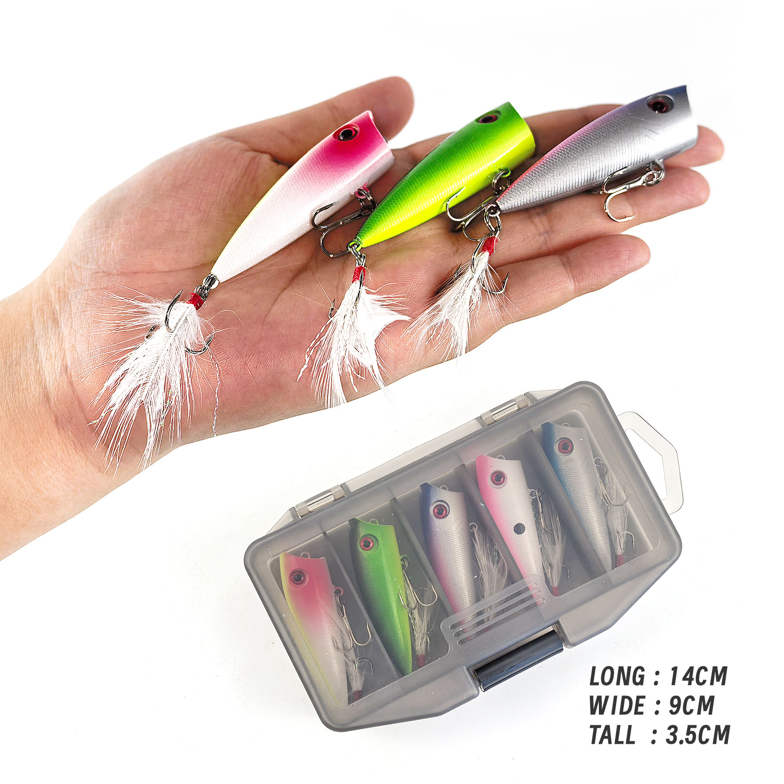 FREE FISHER Fishing Popper Lures,6.5cm 6g Hard Fishing Bait with Feather Treble Hooks,Topwater Rooster Tail Lure Plugs Swimbaits(Pack of 5)