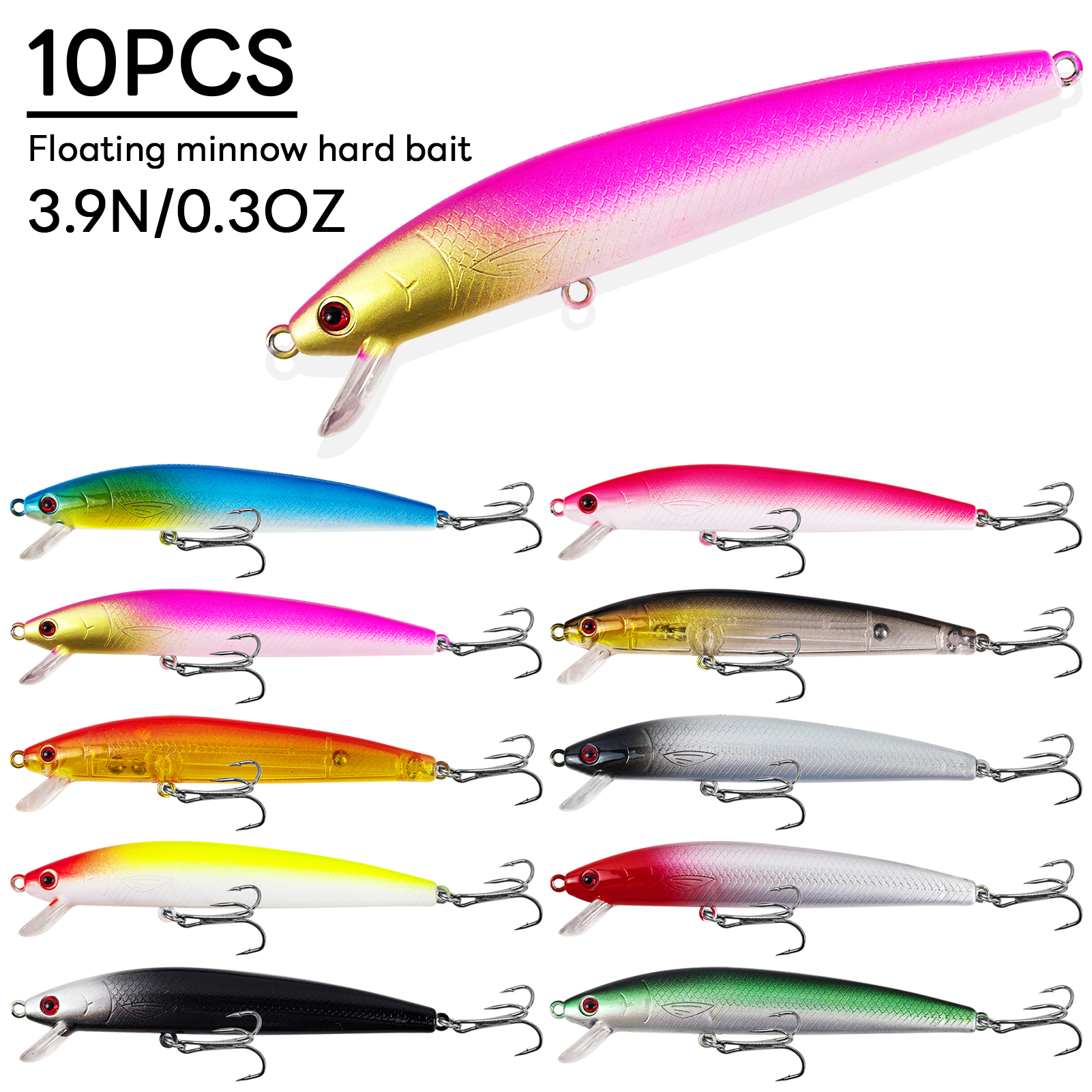 FREE FISHER 10Pcs/Lot Fishing Minnow Lures,Aritificial Hard Baits,Topwater 10cm/8.5g Artificial Minos with Treble Hook 3D Eyes 