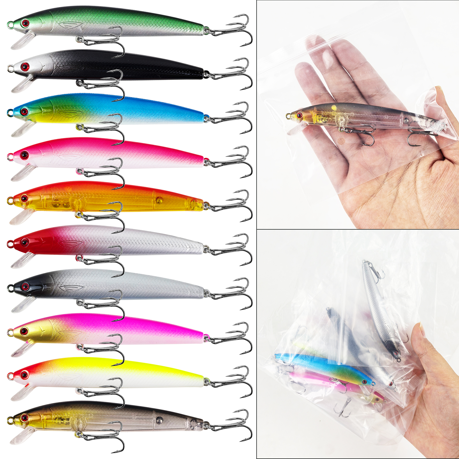 FREE FISHER 10Pcs/Lot Fishing Minnow Lures,Aritificial Hard Baits,Topwater 10cm/8.5g Artificial Minos with Treble Hook 3D Eyes 