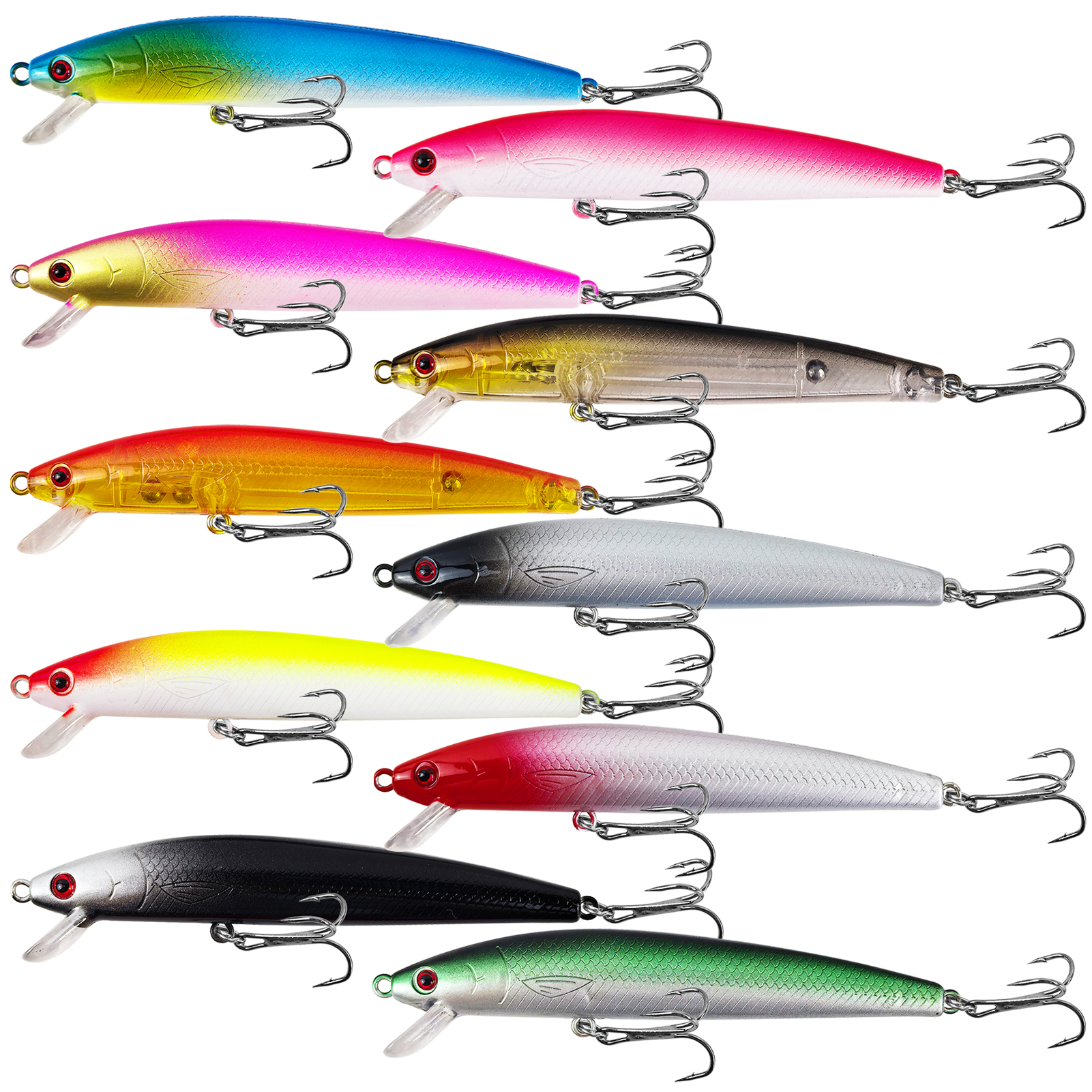 FREE FISHER 10Pcs/Lot Fishing Minnow Lures,Aritificial Hard Baits,Topwater 10cm/8.5g Artificial Minos with Treble Hook 3D Eyes 