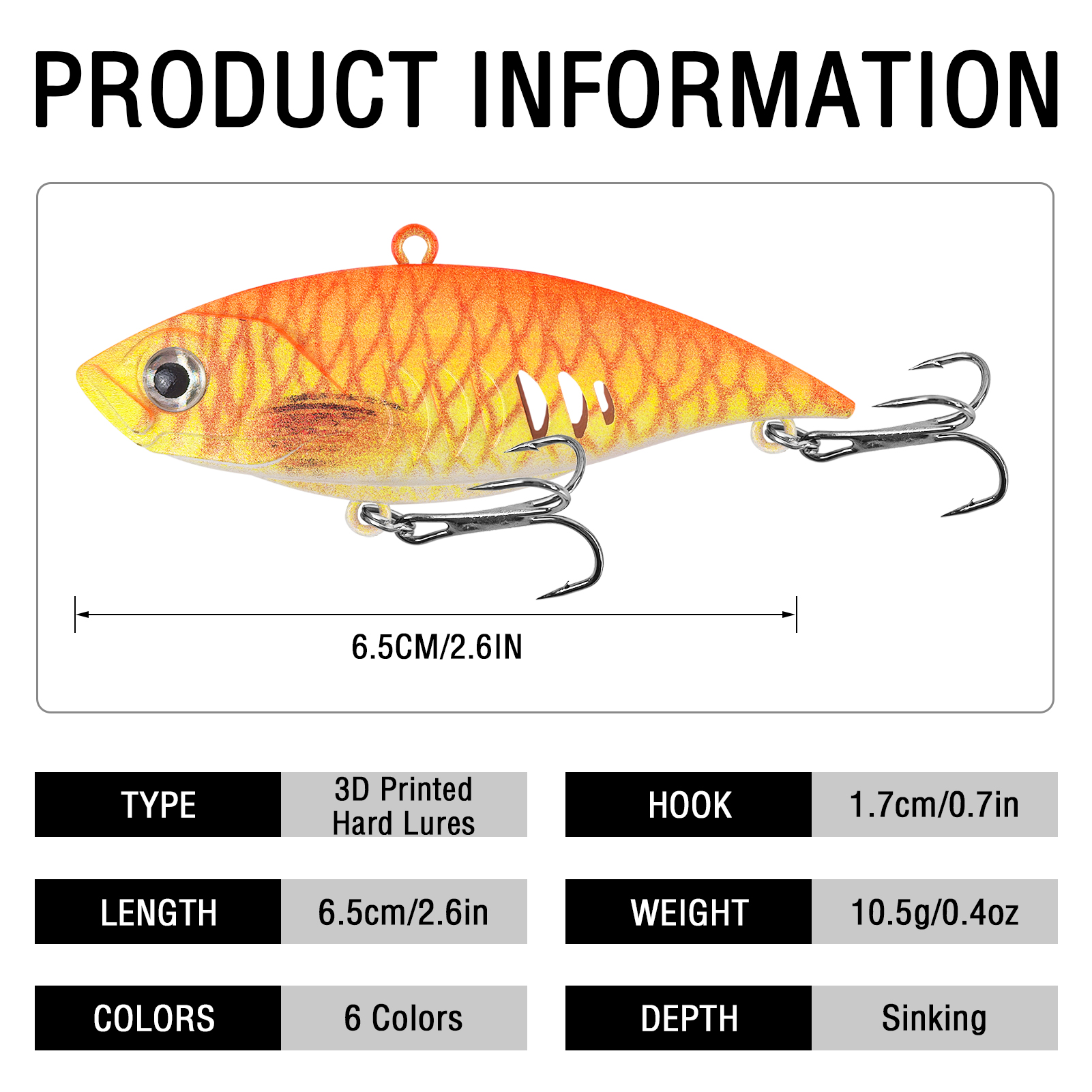 FREE FISHER Fishing VIB Lures Kit,6.5cm 10.5g 3D Print Hard Baits,Long Casting Artificial Wobbler Vibration Lure for Bass/Trout（Pack of 6)