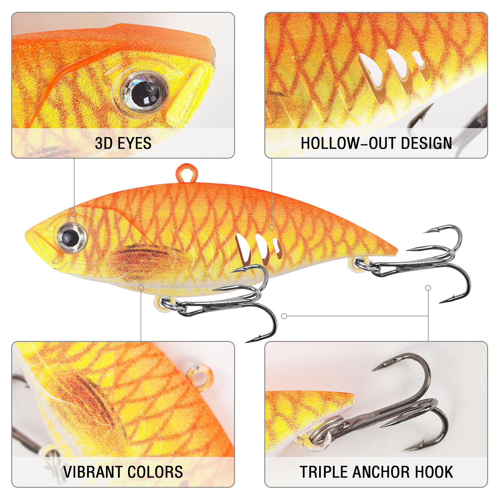 FREE FISHER Fishing VIB Lures Kit,6.5cm 10.5g 3D Print Hard Baits,Long Casting Artificial Wobbler Vibration Lure for Bass/Trout（Pack of 6)