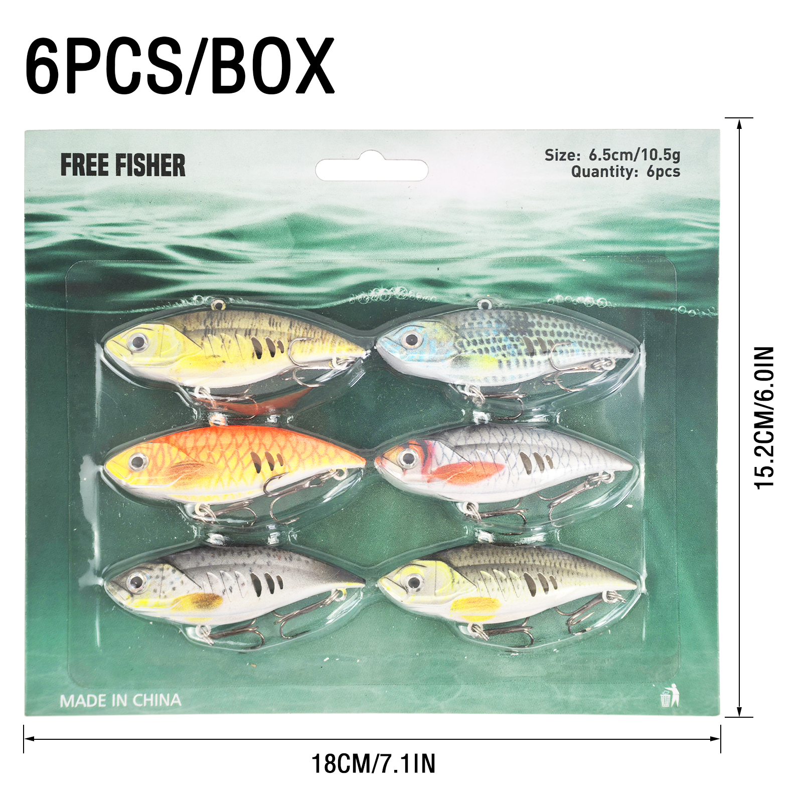 FREE FISHER Fishing VIB Lures Kit,6.5cm 10.5g 3D Print Hard Baits,Long Casting Artificial Wobbler Vibration Lure for Bass/Trout（Pack of 6)