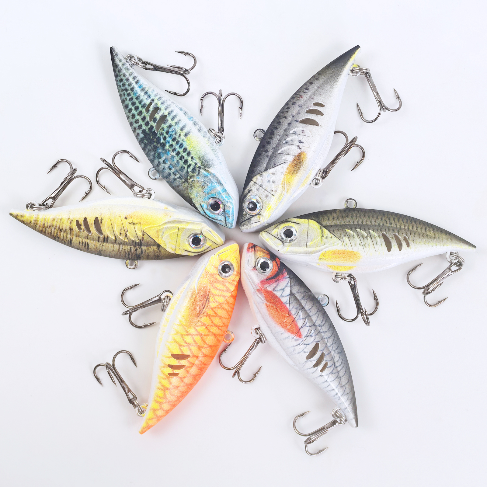 FREE FISHER Fishing VIB Lures Kit,6.5cm 10.5g 3D Print Hard Baits,Long Casting Artificial Wobbler Vibration Lure for Bass/Trout（Pack of 6)