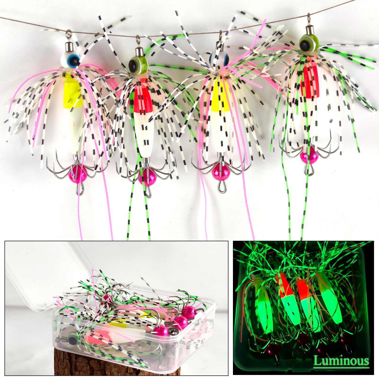 FREE FISHER 4pcs/Box Night Fishing Squid Jigs,Luminous 8-Claw Bead Skirts Lures,6.8cm 3.5g Sea Fishing Octopus Cuttlefish Baits 