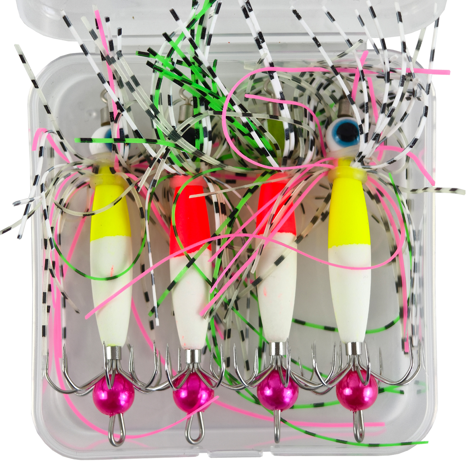 FREE FISHER 4pcs/Box Night Fishing Squid Jigs,Luminous 8-Claw Bead Skirts Lures,6.8cm 3.5g Sea Fishing Octopus Cuttlefish Baits 