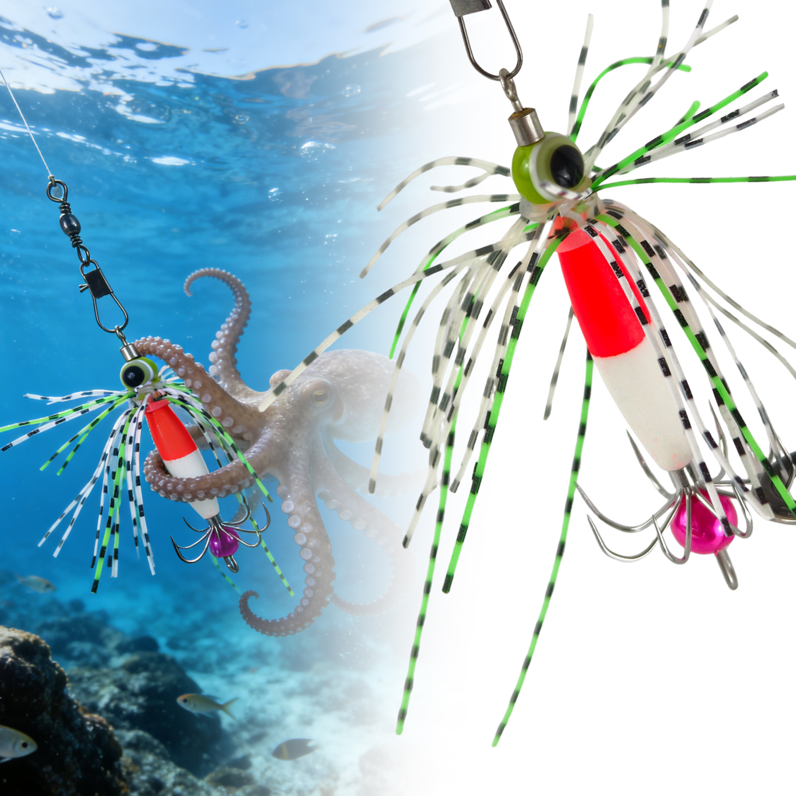 FREE FISHER 4pcs/Box Night Fishing Squid Jigs,Luminous 8-Claw Bead Skirts Lures,6.8cm 3.5g Sea Fishing Octopus Cuttlefish Baits 