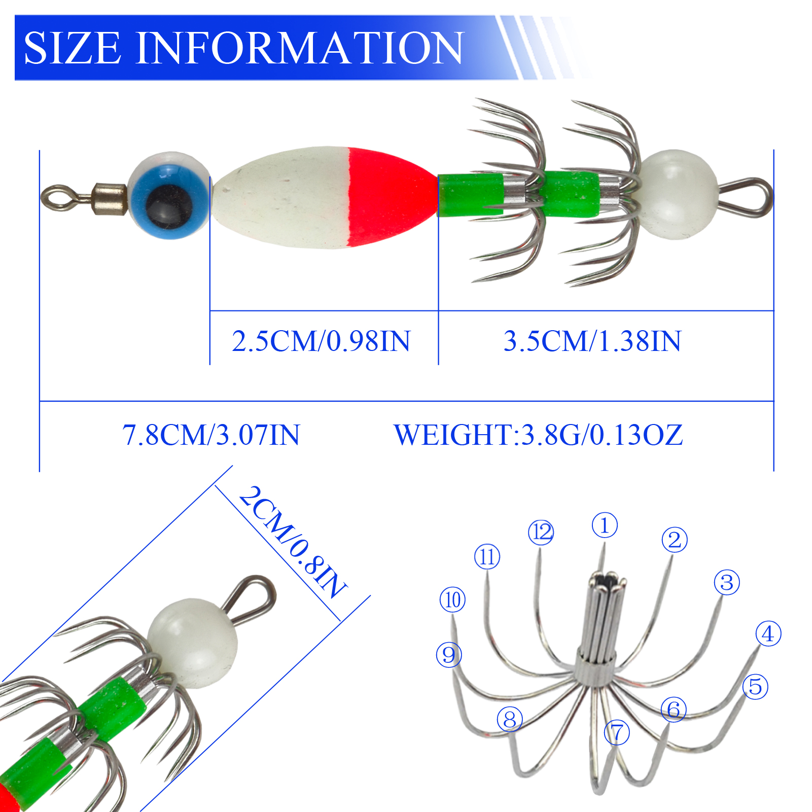 FREE FISHER 10pcs/Box Night Fishing Squid Jigs,Luminous Octopus Lures,7.8cm/3.8g Sea Fishing Cuttlefish Baits,12-Claw Umbrella Squid Hooks 