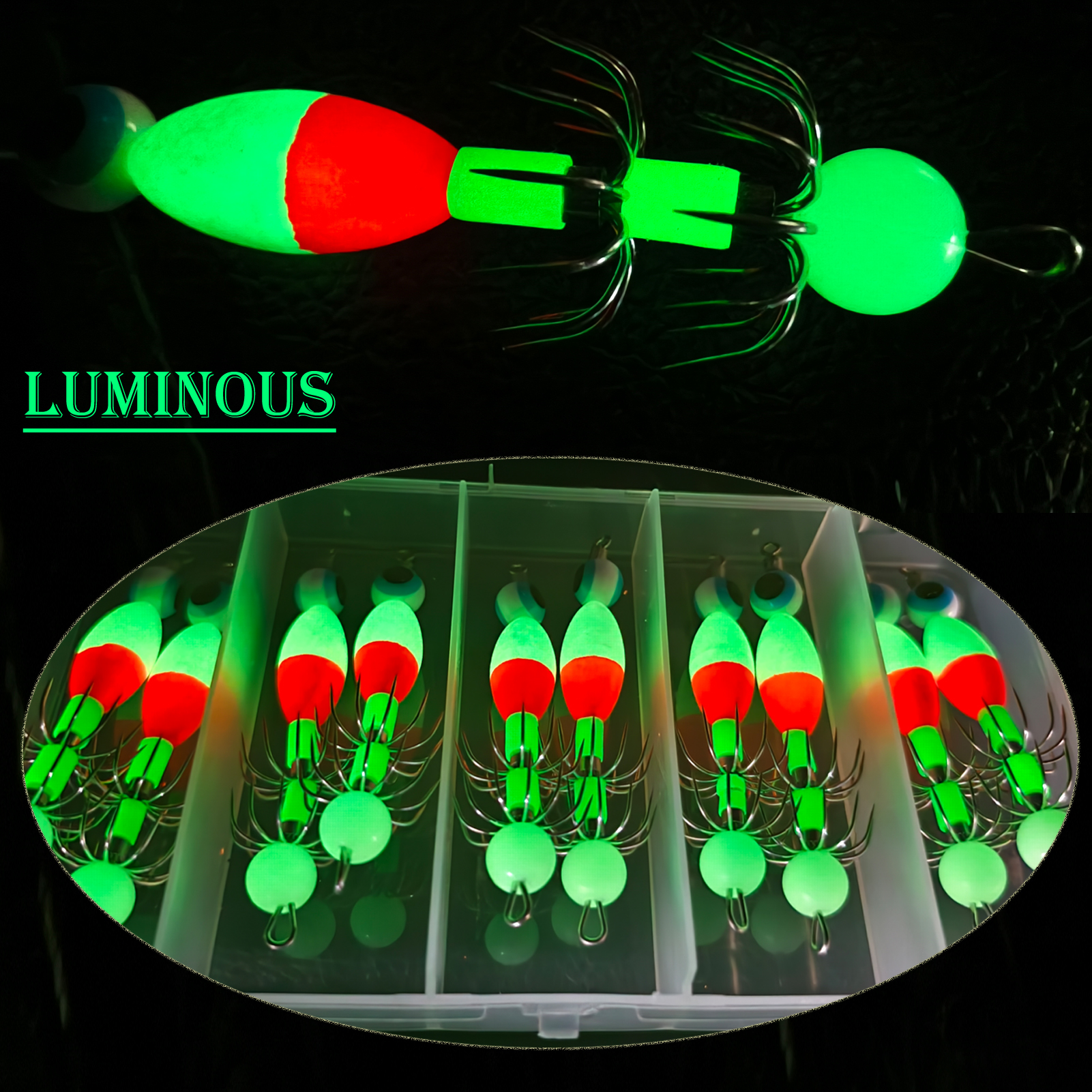FREE FISHER 10pcs/Box Night Fishing Squid Jigs,Luminous Octopus Lures,7.8cm/3.8g Sea Fishing Cuttlefish Baits,12-Claw Umbrella Squid Hooks 