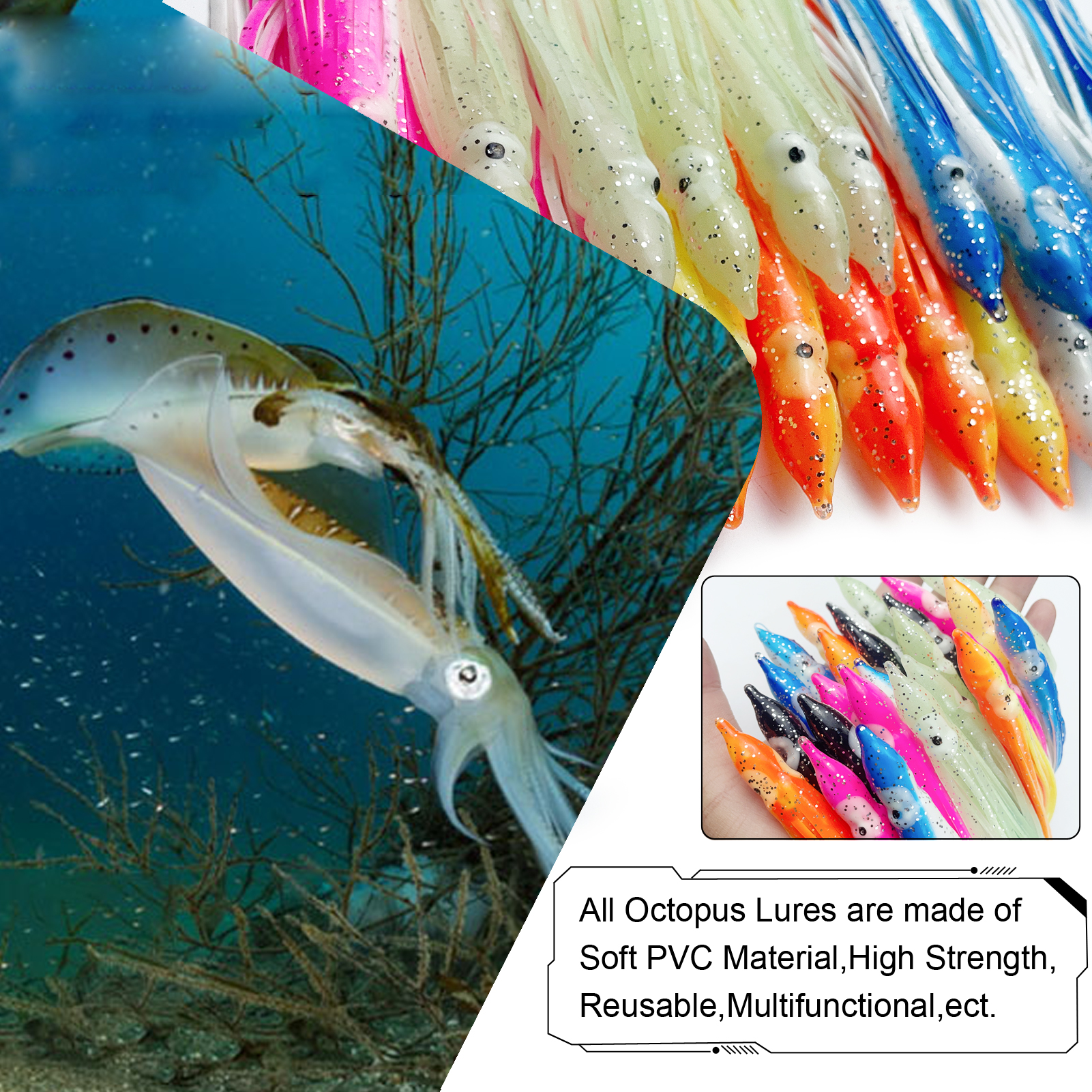 FREE FISHER 25 pcs/set Fishing Lures Soft Octopus Squid Lures 9cm 12cm 15cm with 20pcs Silver Octopus Hooks 8299 for Freshwater and Saltwater