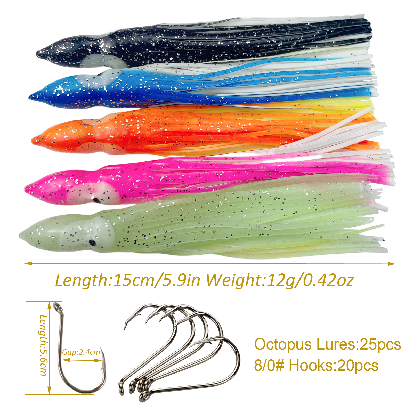 FREE FISHER 25 pcs/set Fishing Lures Soft Octopus Squid Lures 9cm 12cm 15cm with 20pcs Silver Octopus Hooks 8299 for Freshwater and Saltwater