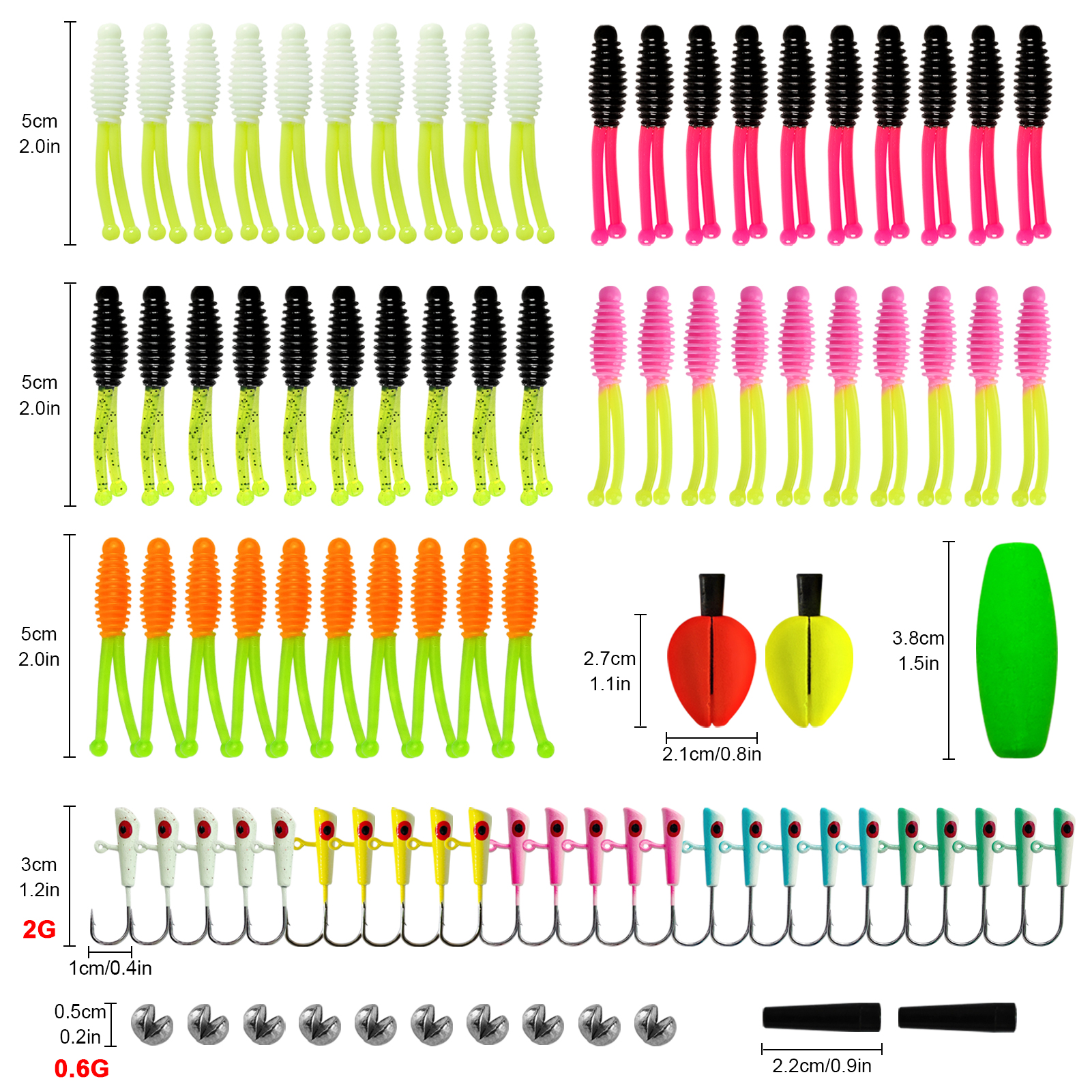 FREE FISHER 91pcs/Box Fishing Tackle Box Kit 5cm Soft PVC Double-tail Worm Lures 3cm Jig Head Hooks Floats Buoy Fishing Bite Sinkers Set