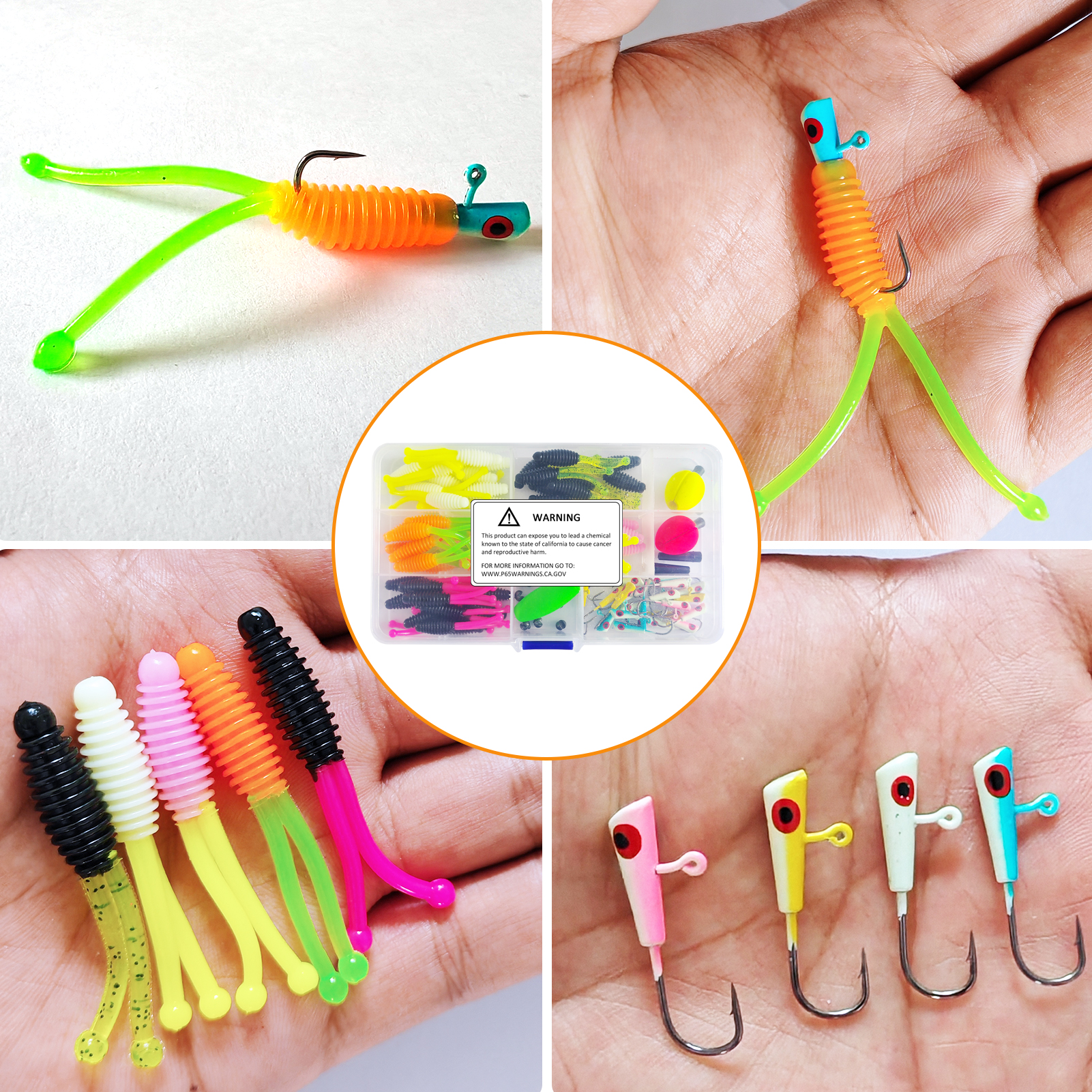 FREE FISHER 91pcs/Box Fishing Tackle Box Kit 5cm Soft PVC Double-tail Worm Lures 3cm Jig Head Hooks Floats Buoy Fishing Bite Sinkers Set