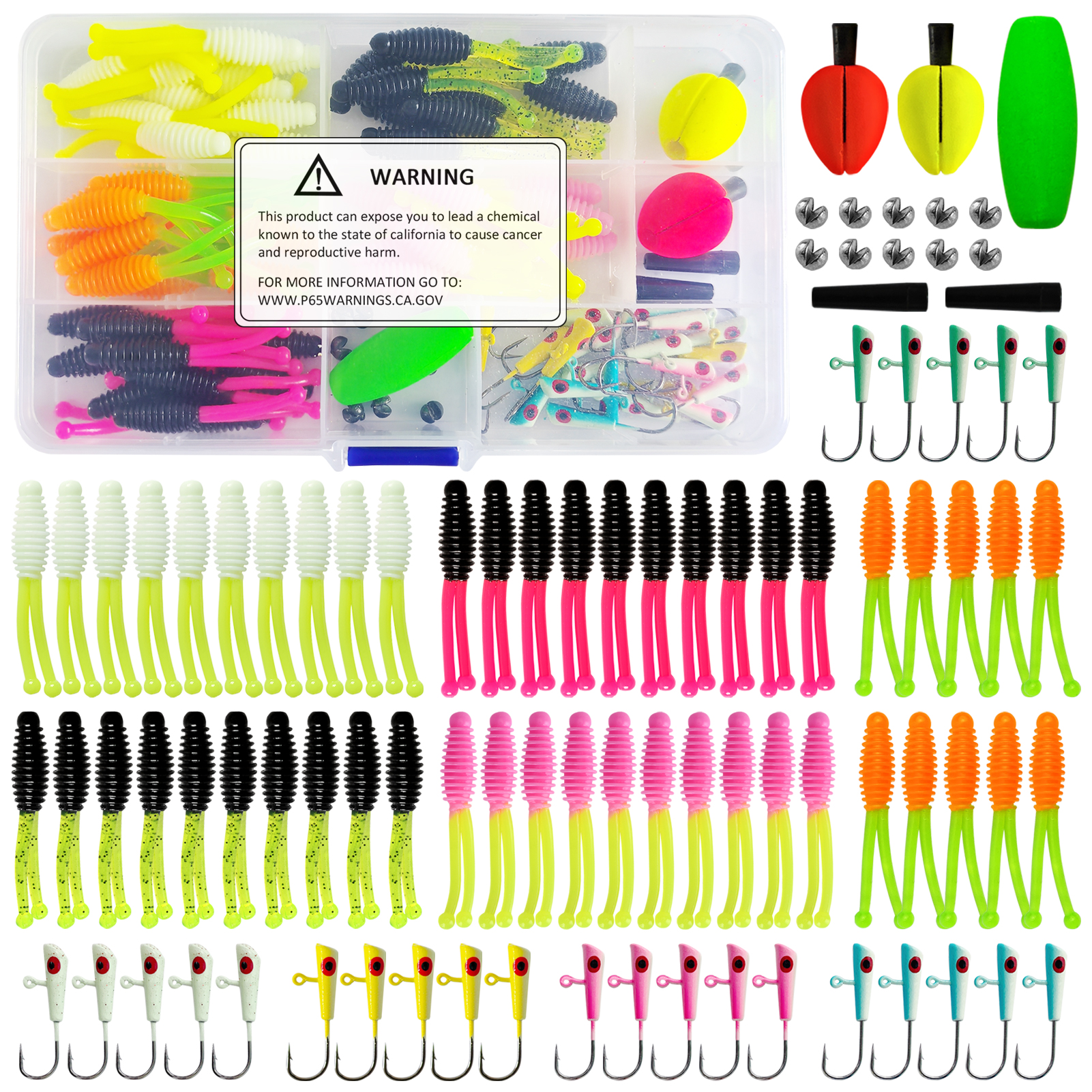 FREE FISHER 91pcs/Box Fishing Tackle Box Kit 5cm Soft PVC Double-tail Worm Lures 3cm Jig Head Hooks Floats Buoy Fishing Bite Sinkers Set