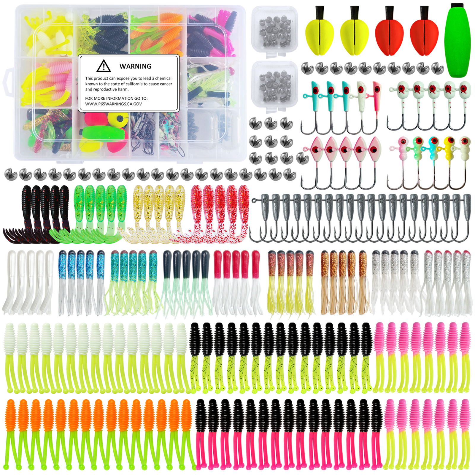 FREE FISHER 228pcs/Lot Soft Lures Kit Fishing Tackle Box Double-tail Worm Lures Jig Head Hooks Floats Buoy Sinkers Octopus Soft Grub Baits