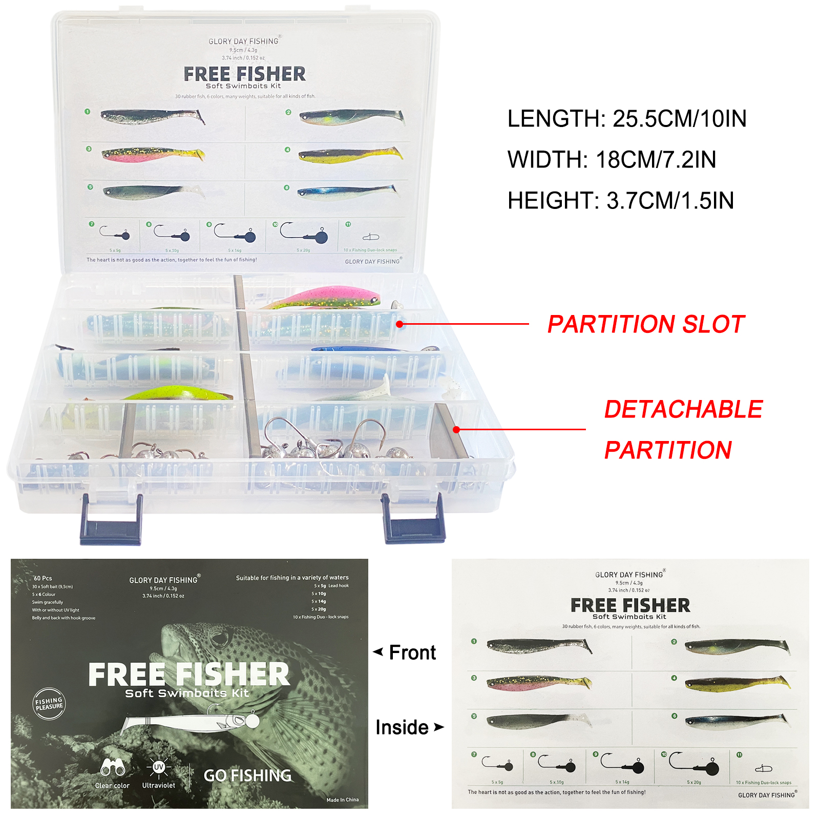 FREE FISHER 62pcs/Lot Fishing Baits Box Kit Soft Lures Luminous T-tail Worm Wobblers Aritificial Baits Jig Head Hooks Swivels Fishing Swimbaits