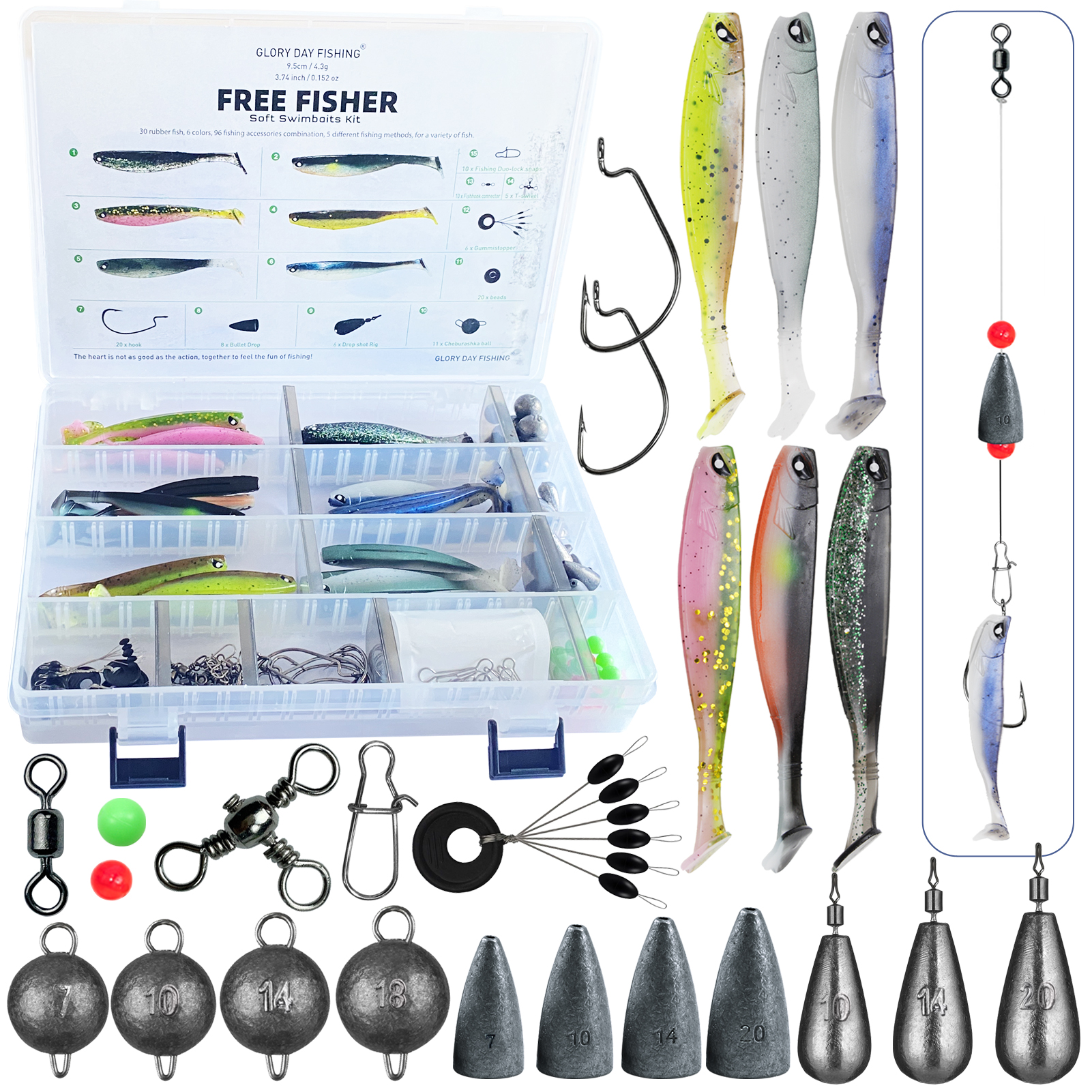 FREE FISHER Fishing Baits Kit,Aritificial Baits Jigs Hooks,UV Glow Soft Lures,Fishing Weights Swivels Beads Swimbaits Fishing Accessories Box