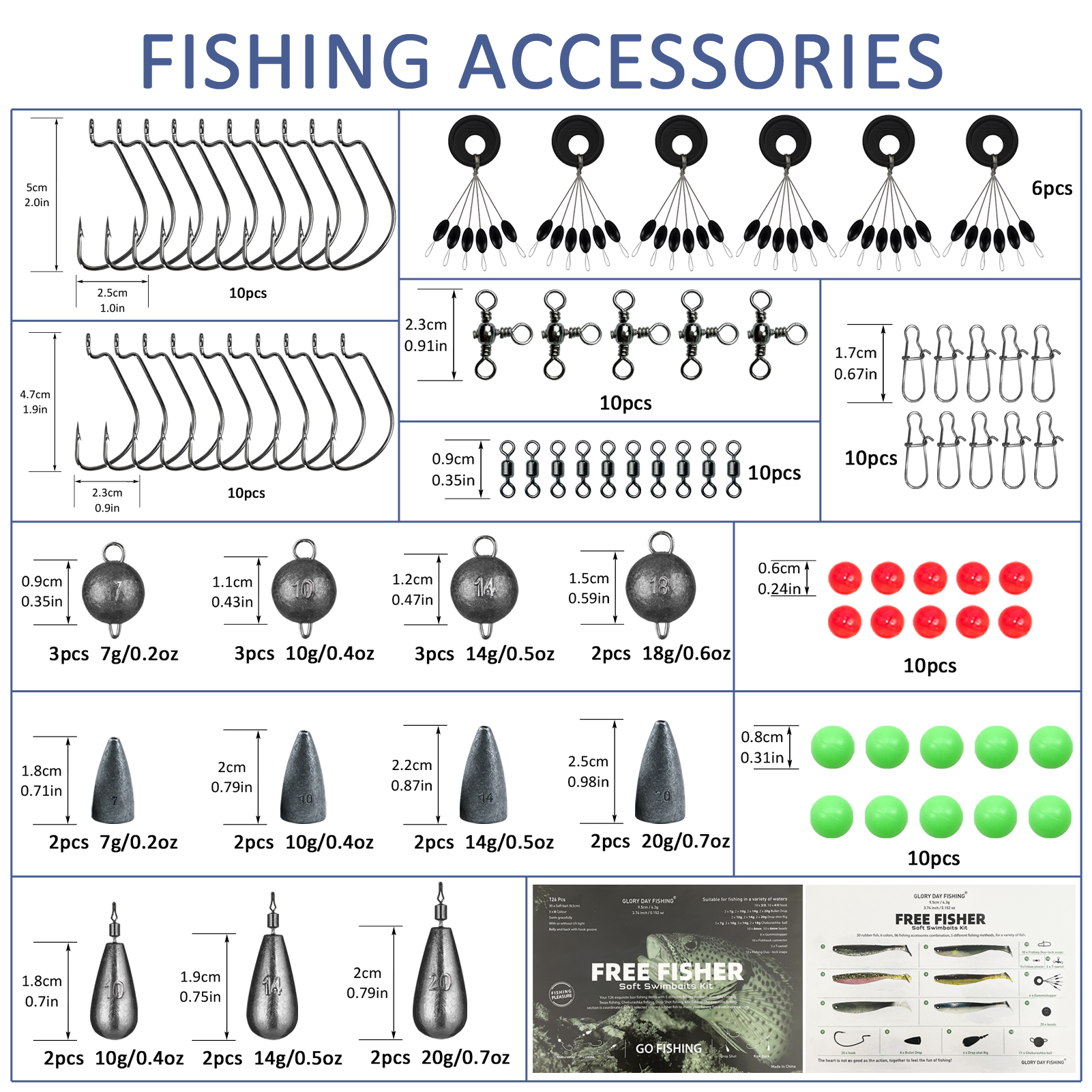 FREE FISHER Fishing Baits Kit,Aritificial Baits Jigs Hooks,UV Glow Soft Lures,Fishing Weights Swivels Beads Swimbaits Fishing Accessories Box