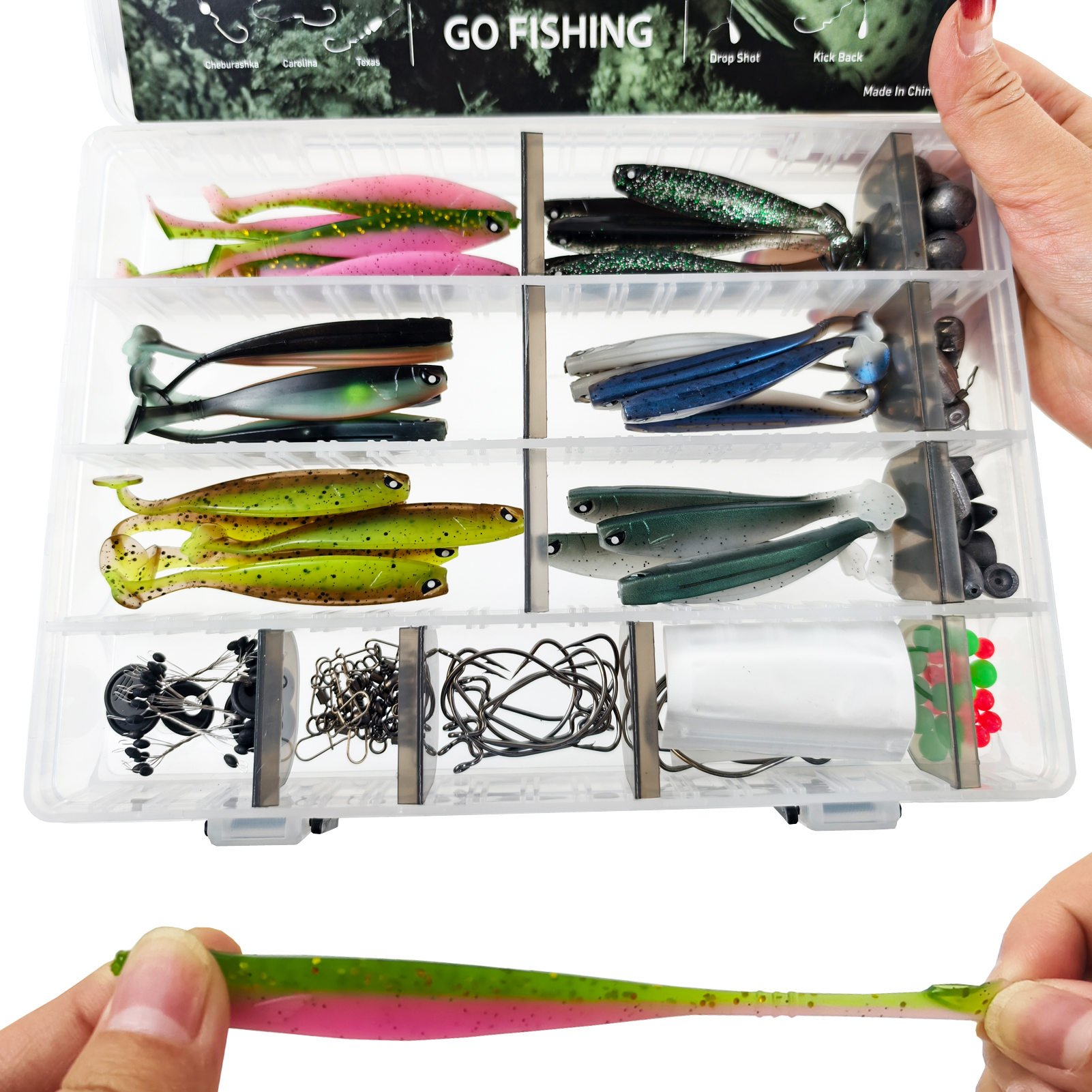 FREE FISHER Fishing Baits Kit,Aritificial Baits Jigs Hooks,UV Glow Soft Lures,Fishing Weights Swivels Beads Swimbaits Fishing Accessories Box