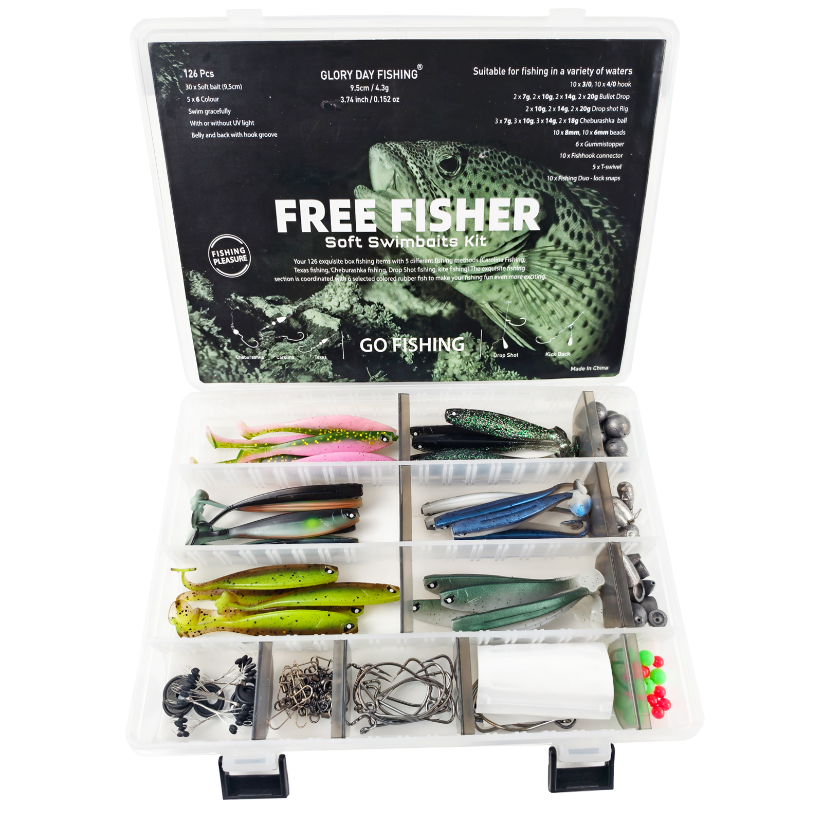 FREE FISHER Fishing Baits Kit,Aritificial Baits Jigs Hooks,UV Glow Soft Lures,Fishing Weights Swivels Beads Swimbaits Fishing Accessories Box