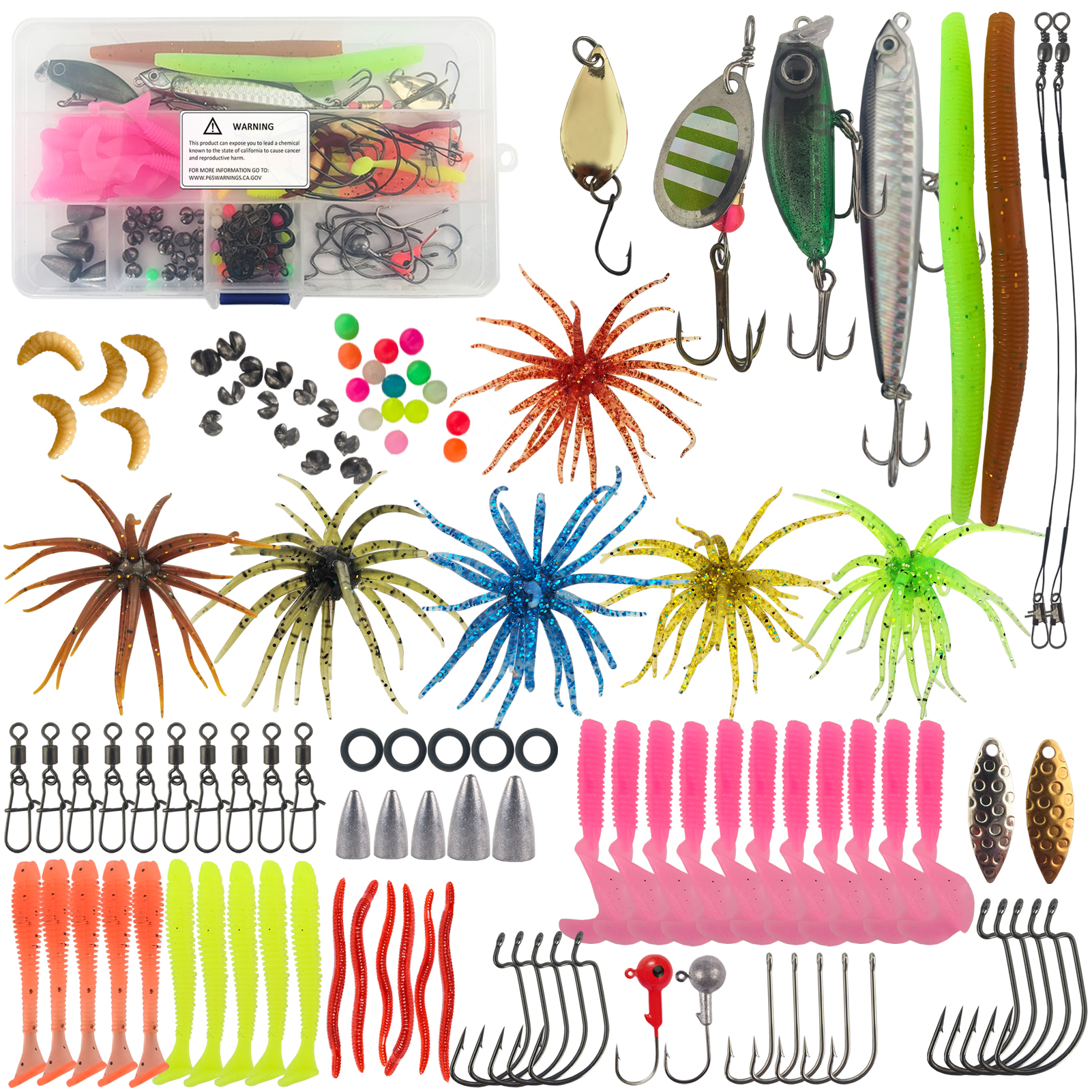 FREE FISHER 120pcs/Box Fishing Lures Kit,Sea Urchin Baits,Worms Crankhooks Swivels,Beads Fishing Weights Spinner Lures for Bass Pike 