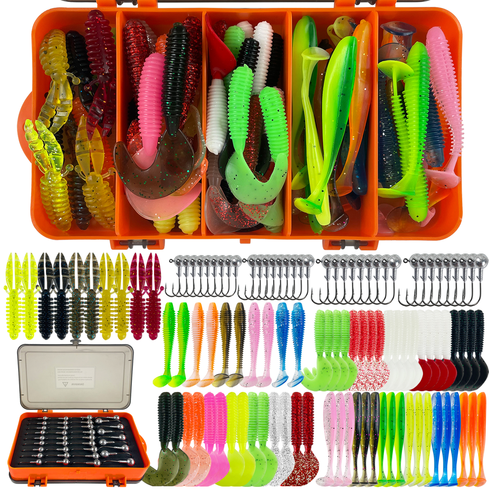 FREE FISHER Soft Worm Grubs Kit with Jig Hooks,109pcs/Lot Fishing Tackle Box,Tail Swimbaits,Bass Fishing Baits Jigging Head Hooks