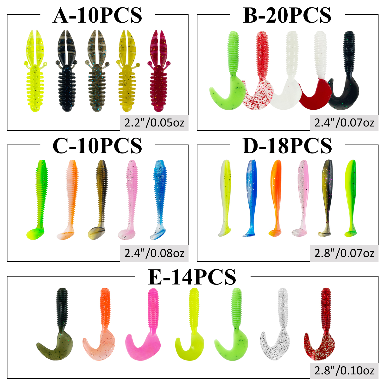 FREE FISHER Soft Worm Grubs Kit with Jig Hooks,109pcs/Lot Fishing Tackle Box,Tail Swimbaits,Bass Fishing Baits Jigging Head Hooks