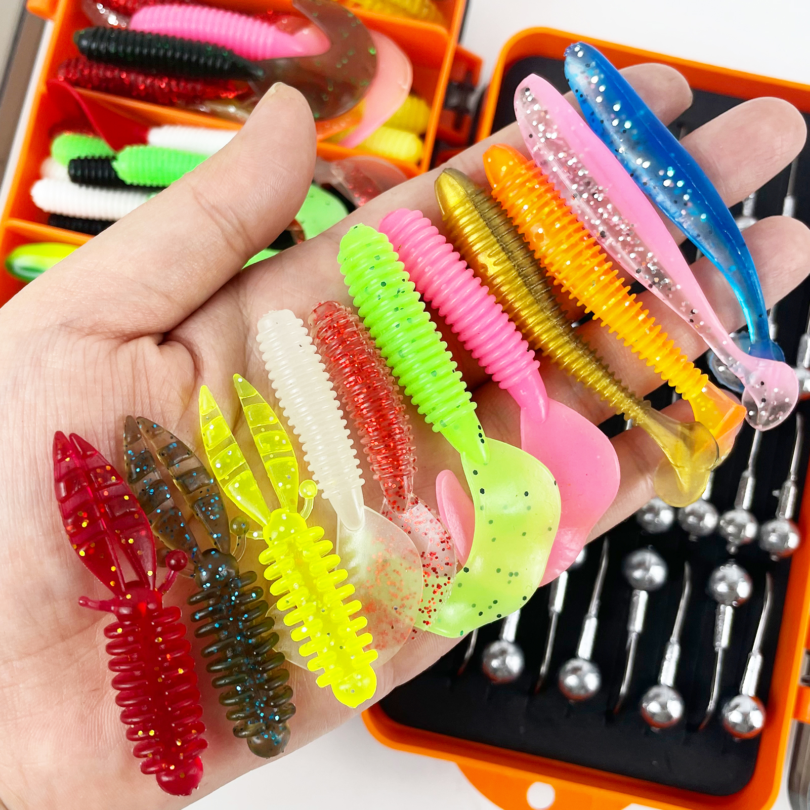 FREE FISHER Soft Worm Grubs Kit with Jig Hooks,109pcs/Lot Fishing Tackle Box,Tail Swimbaits,Bass Fishing Baits Jigging Head Hooks