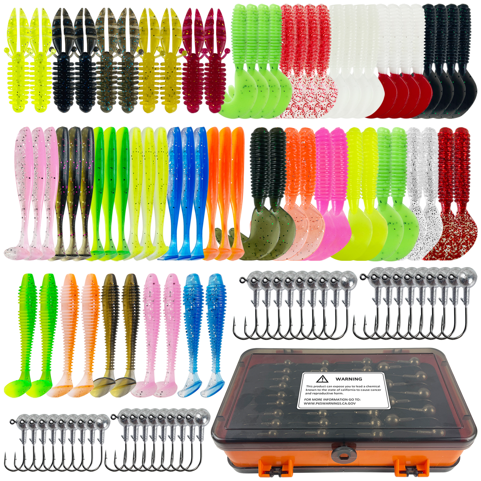 FREE FISHER Soft Worm Grubs Kit with Jig Hooks,109pcs/Lot Fishing Tackle Box,Tail Swimbaits,Bass Fishing Baits Jigging Head Hooks