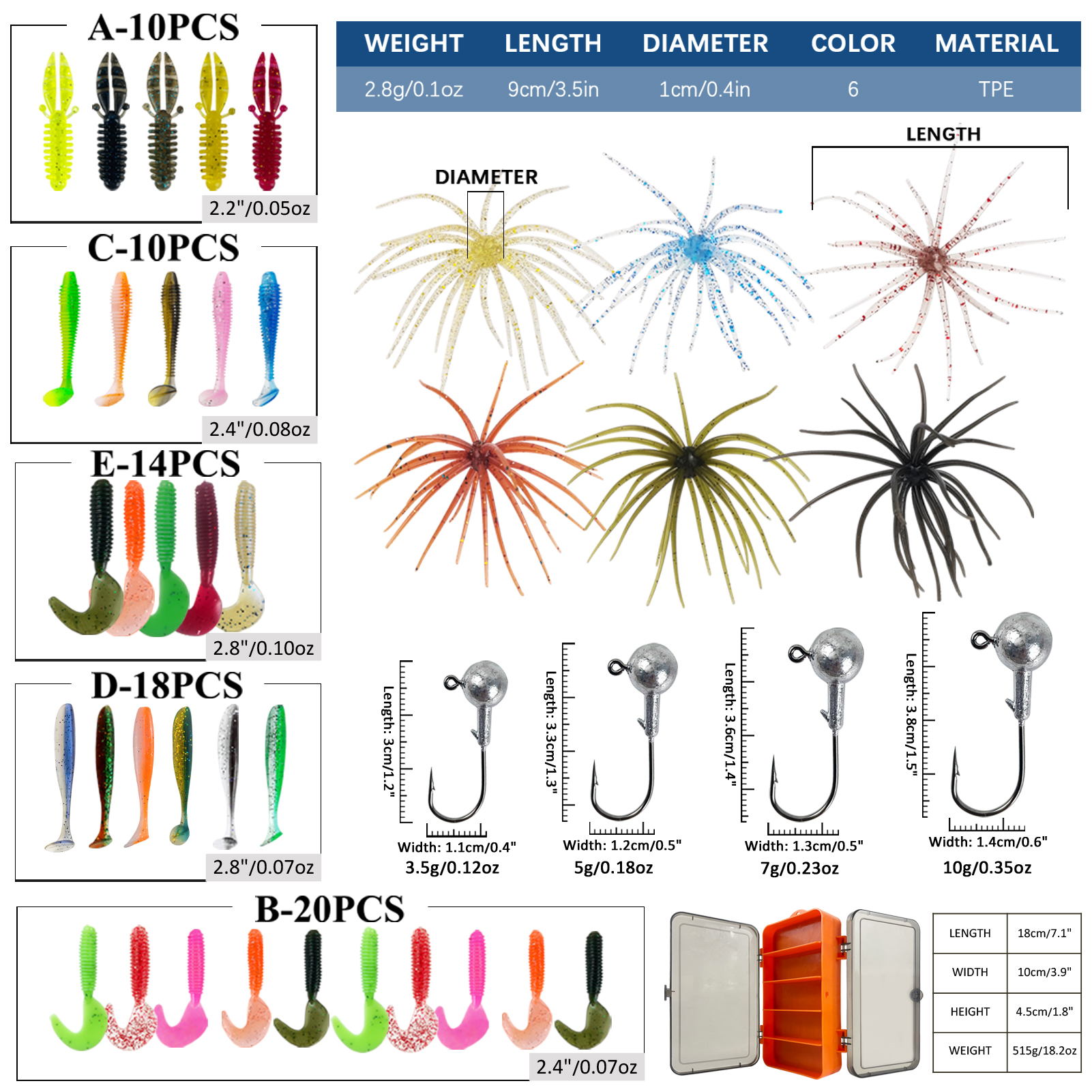 FREE FISHER 114pcs/Boxt Soft Worm Lures Kit,Sea Urchin Bait with Jig Head Hooks,Double-Side Fish Tackle Box,Tail Grubs Swimbaits