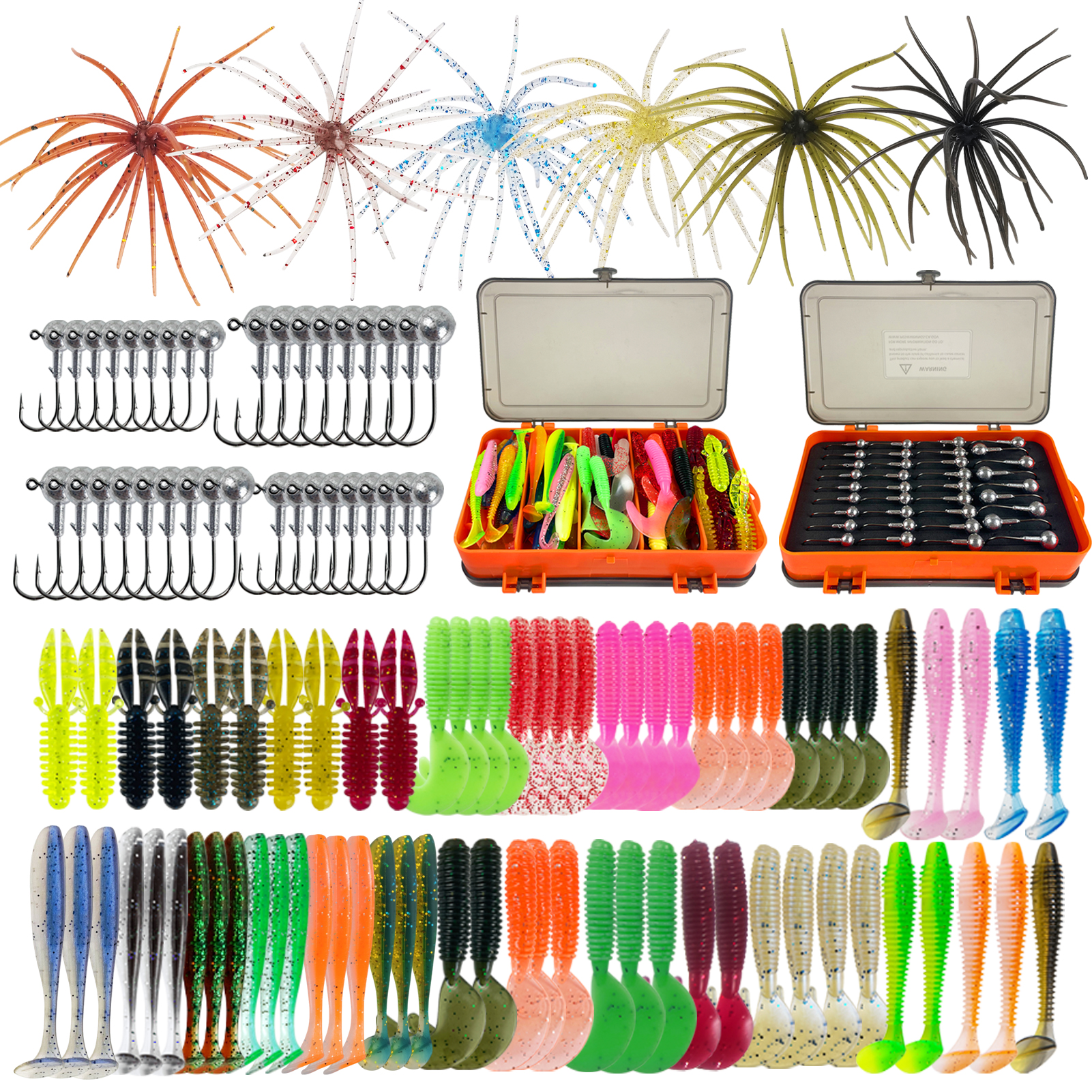 FREE FISHER 114pcs/Boxt Soft Worm Lures Kit,Sea Urchin Bait with Jig Head Hooks,Double-Side Fish Tackle Box,Tail Grubs Swimbaits