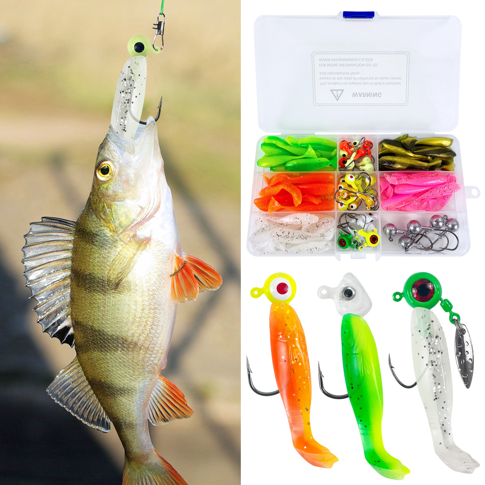 FREE FISHER Fishing Soft Lures Kit,Jig Head Hooks,81pcs/Box Double-Color Soft Worms,Grub PVC Swimbait Wobblers Artificial Baits