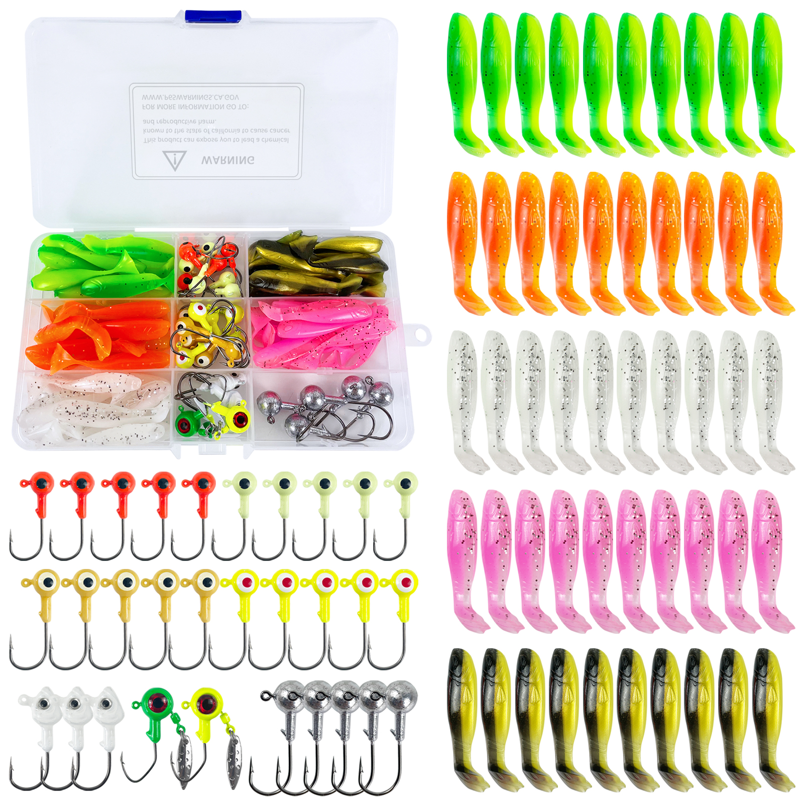 FREE FISHER Fishing Soft Lures Kit,Jig Head Hooks,81pcs/Box Double-Color Soft Worms,Grub PVC Swimbait Wobblers Artificial Baits