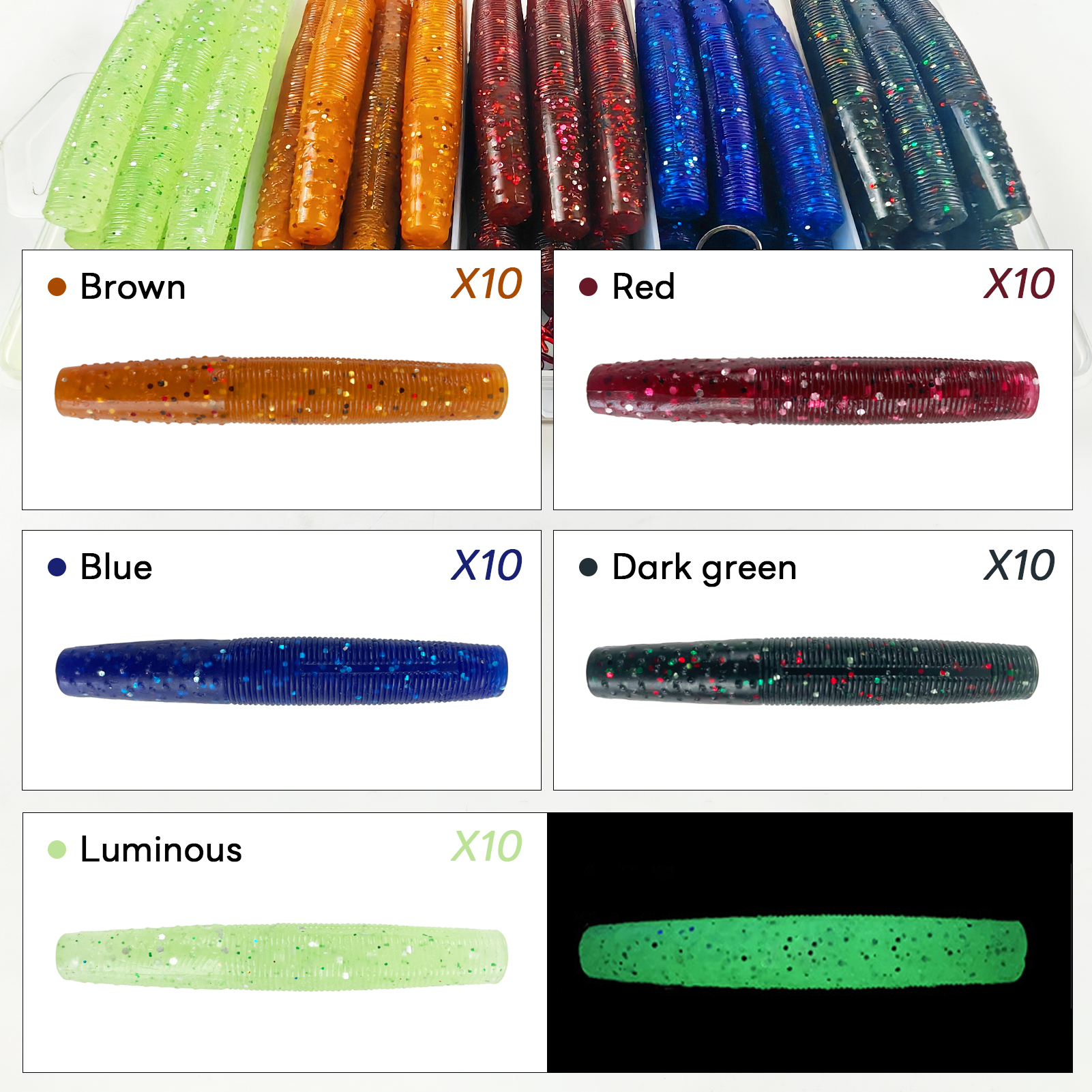 FREE FISHER 76pcs/Box Luminous Ned Rig Jig Heads TRD Worms Kit,Glow Finesse Shroom Soft Stickbaits,Mushroom Crappie Baits Set