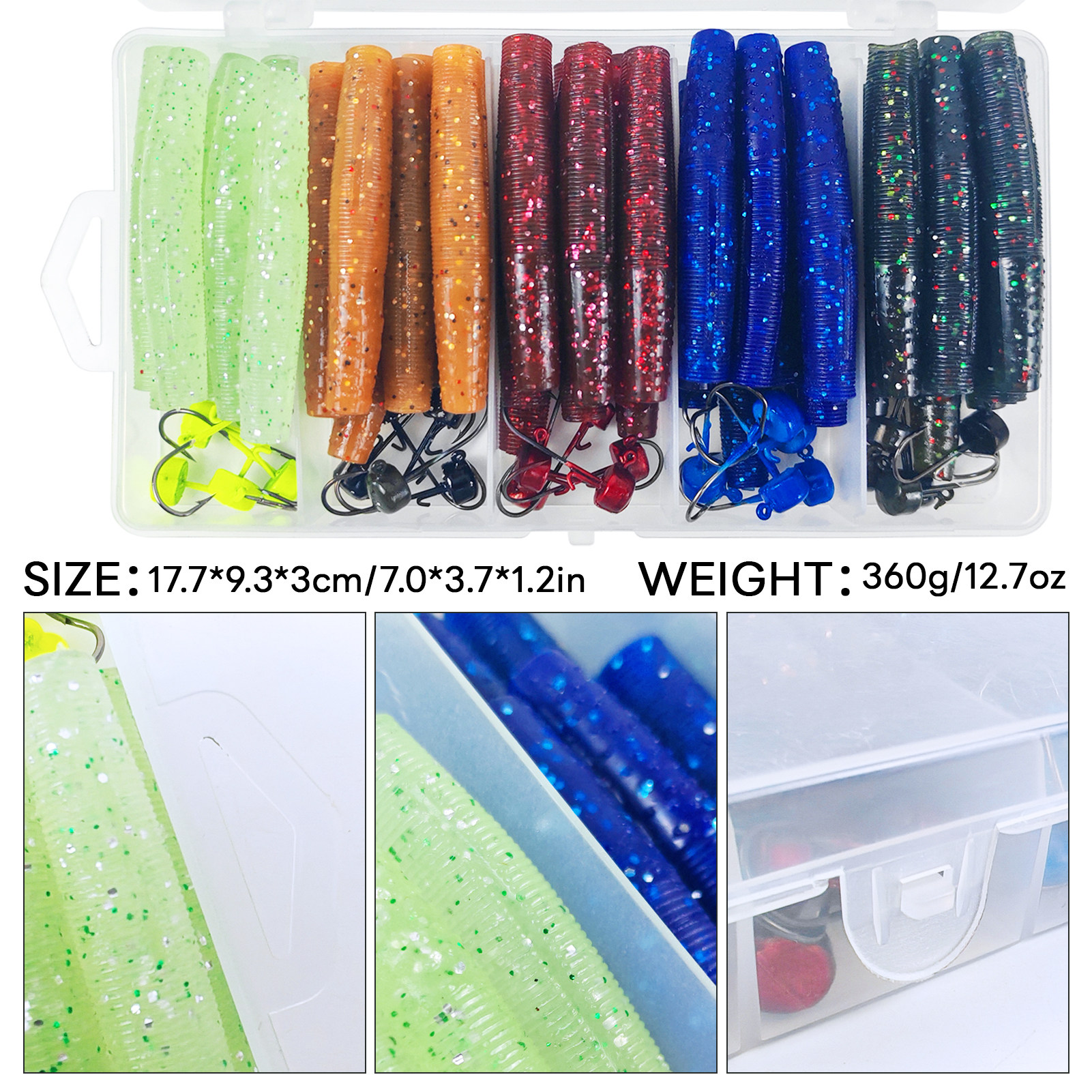 FREE FISHER 76pcs/Box Luminous Ned Rig Jig Heads TRD Worms Kit,Glow Finesse Shroom Soft Stickbaits,Mushroom Crappie Baits Set