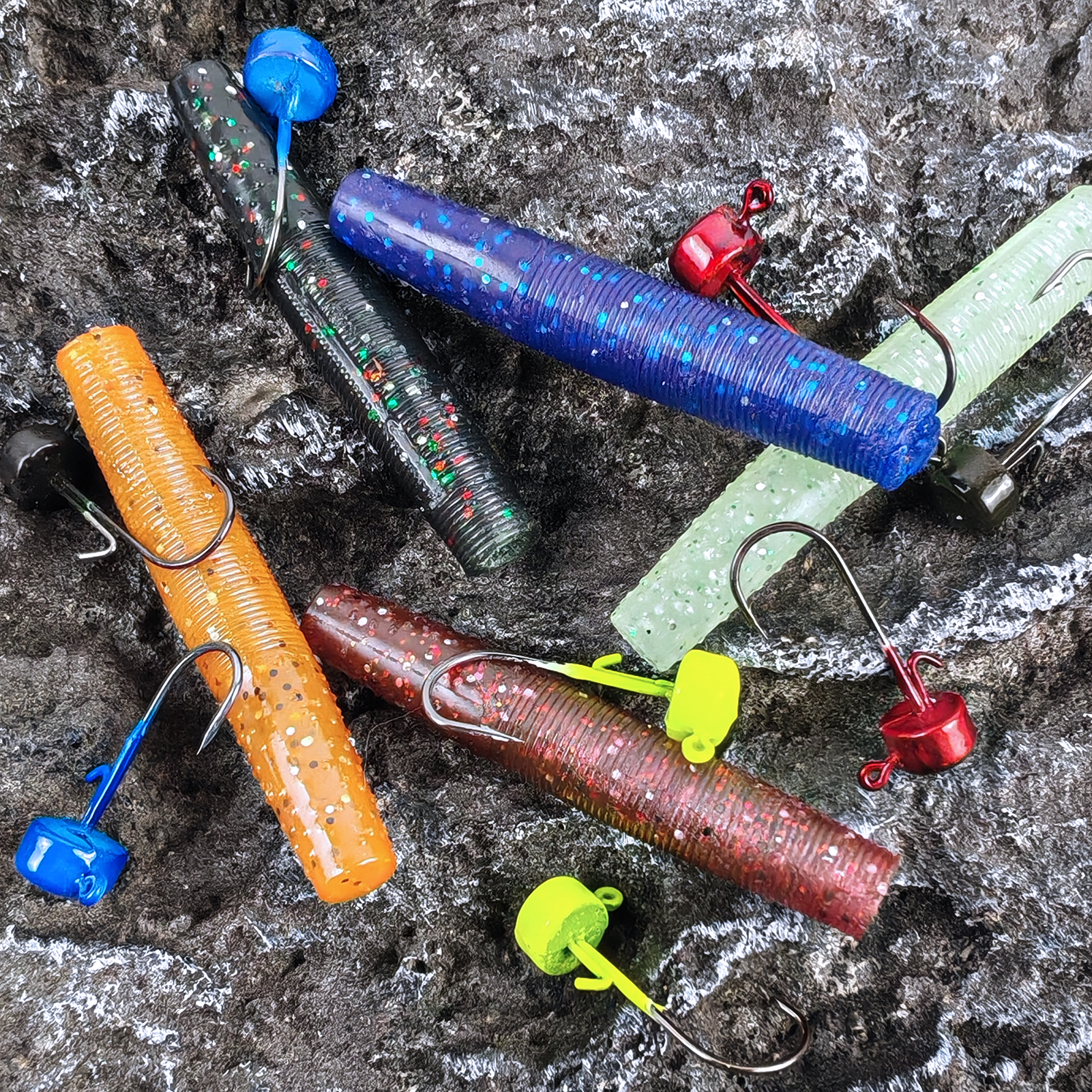 FREE FISHER 76pcs/Box Luminous Ned Rig Jig Heads TRD Worms Kit,Glow Finesse Shroom Soft Stickbaits,Mushroom Crappie Baits Set