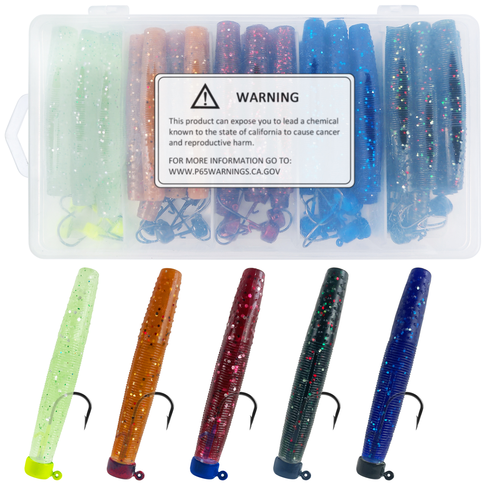 FREE FISHER 76pcs/Box Luminous Ned Rig Jig Heads TRD Worms Kit,Glow Finesse Shroom Soft Stickbaits,Mushroom Crappie Baits Set