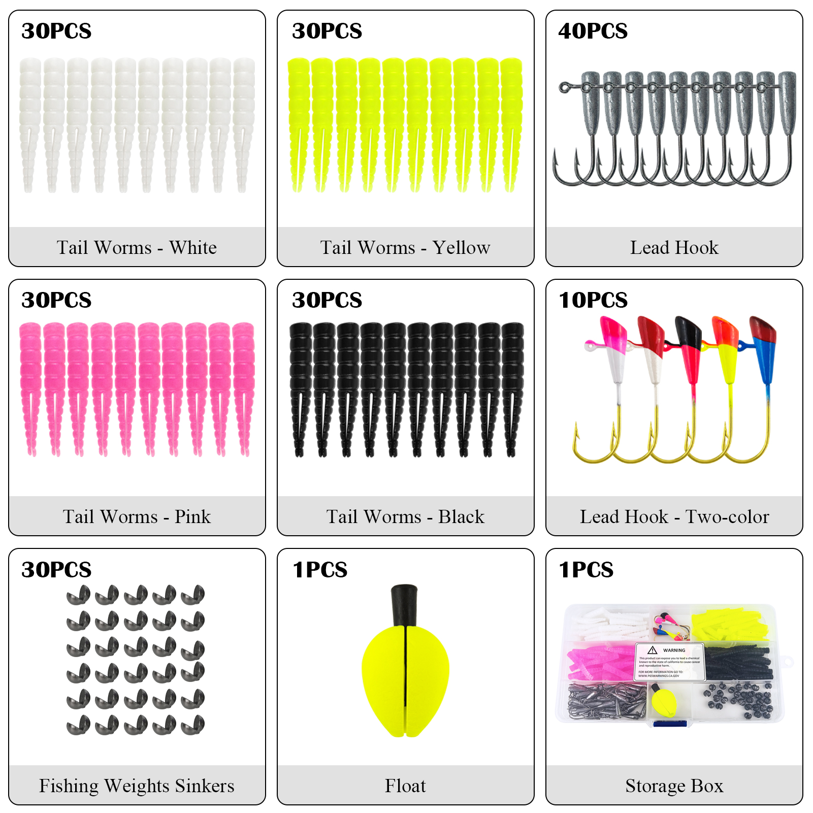 FREE FISHER 201pcs/Box Soft Lures Kit,Split Tail Grub Baits with Jig Head Hooks, EVA Floats Fishing Weights Fish Tackle Gear Box