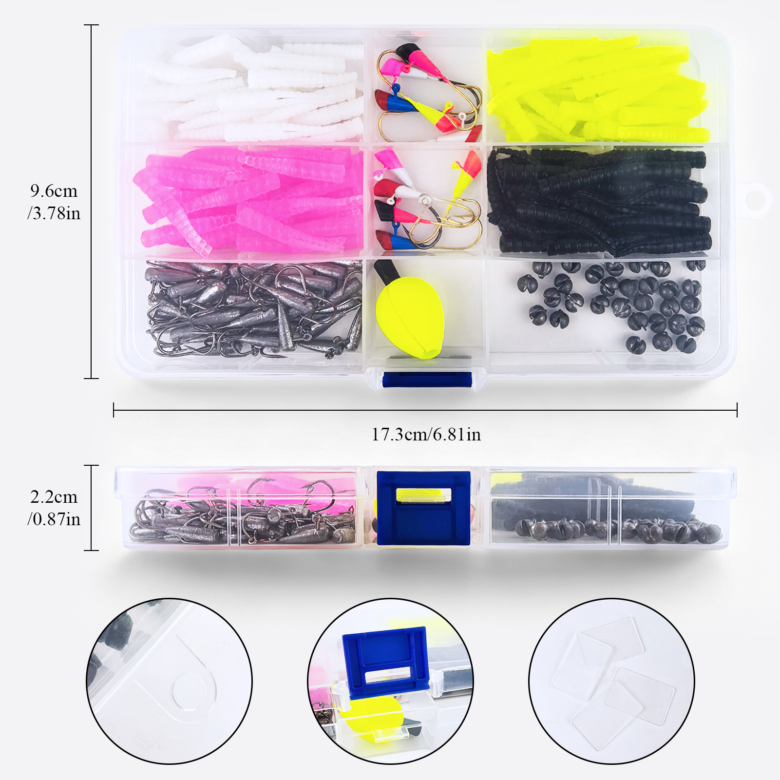 FREE FISHER 201pcs/Box Soft Lures Kit,Split Tail Grub Baits with Jig Head Hooks, EVA Floats Fishing Weights Fish Tackle Gear Box