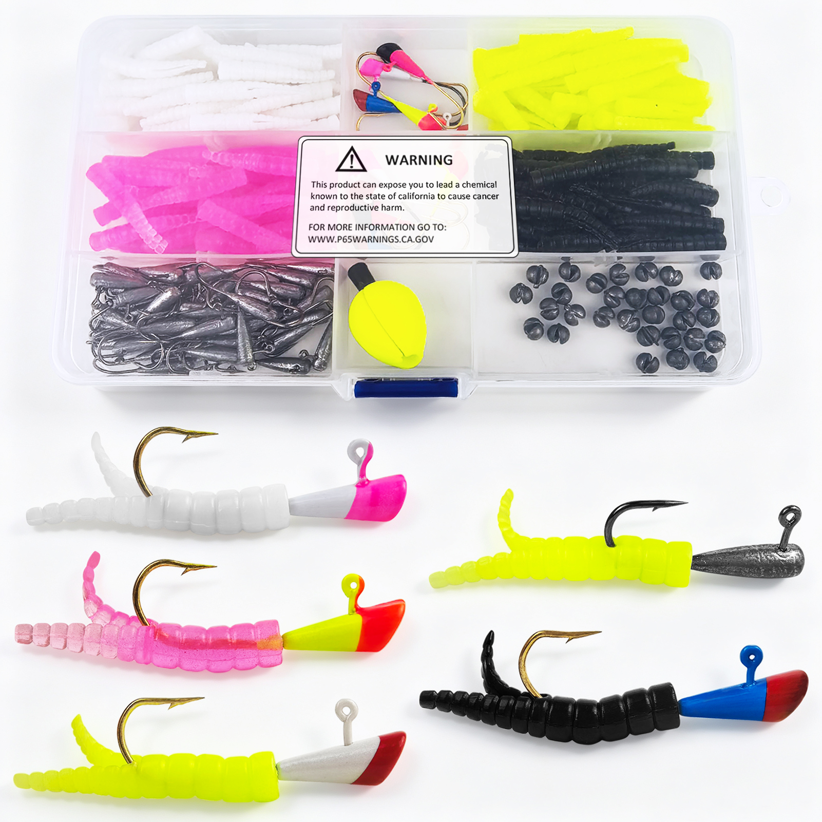 FREE FISHER 201pcs/Box Soft Lures Kit,Split Tail Grub Baits with Jig Head Hooks, EVA Floats Fishing Weights Fish Tackle Gear Box
