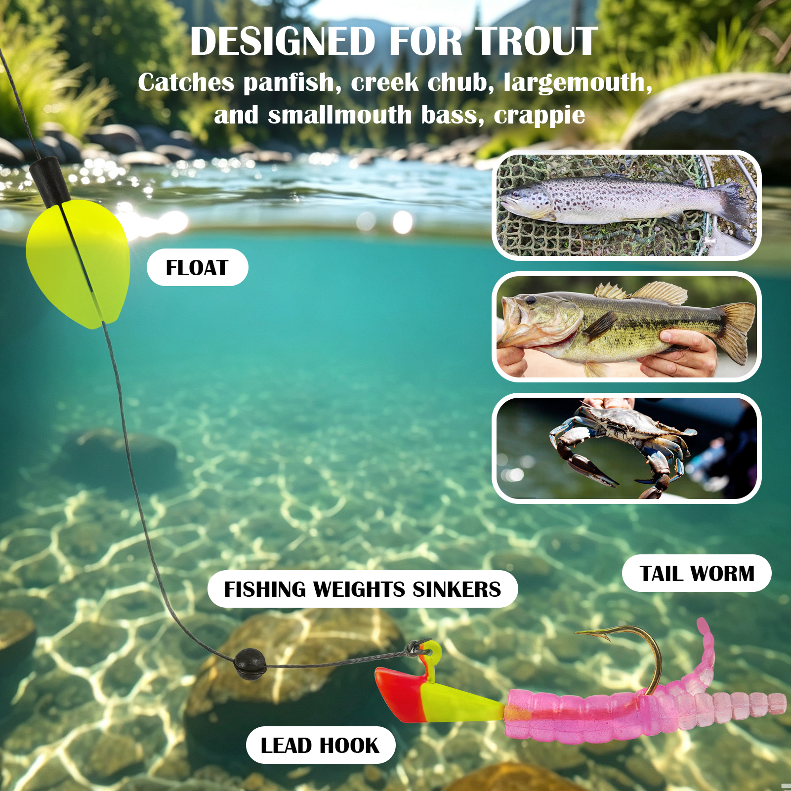 FREE FISHER 201pcs/Box Soft Lures Kit,Split Tail Grub Baits with Jig Head Hooks, EVA Floats Fishing Weights Fish Tackle Gear Box