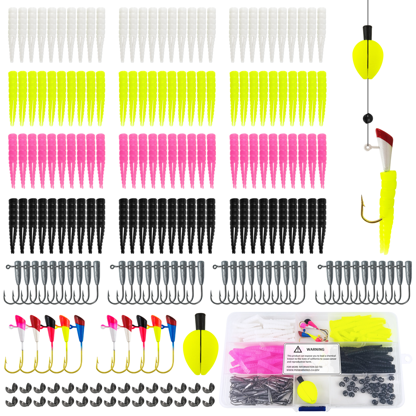 FREE FISHER 201pcs/Box Soft Lures Kit,Split Tail Grub Baits with Jig Head Hooks, EVA Floats Fishing Weights Fish Tackle Gear Box