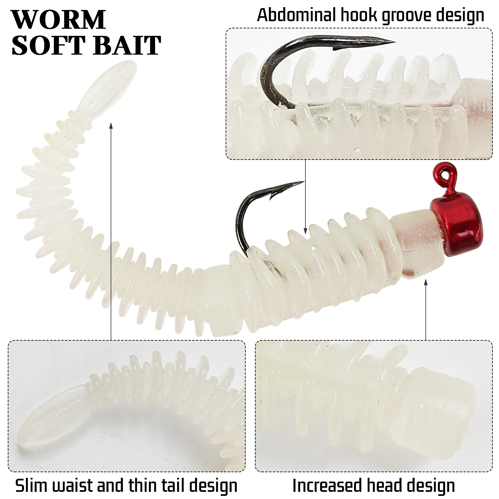 FREE FISHER Thread TPE Worms,Fishy Smell Needle Tailed Soft Insect Baits,Fishing Soft Lures,7.5cm/2g Swimbaits with Ned Hooks(Pack of 30)