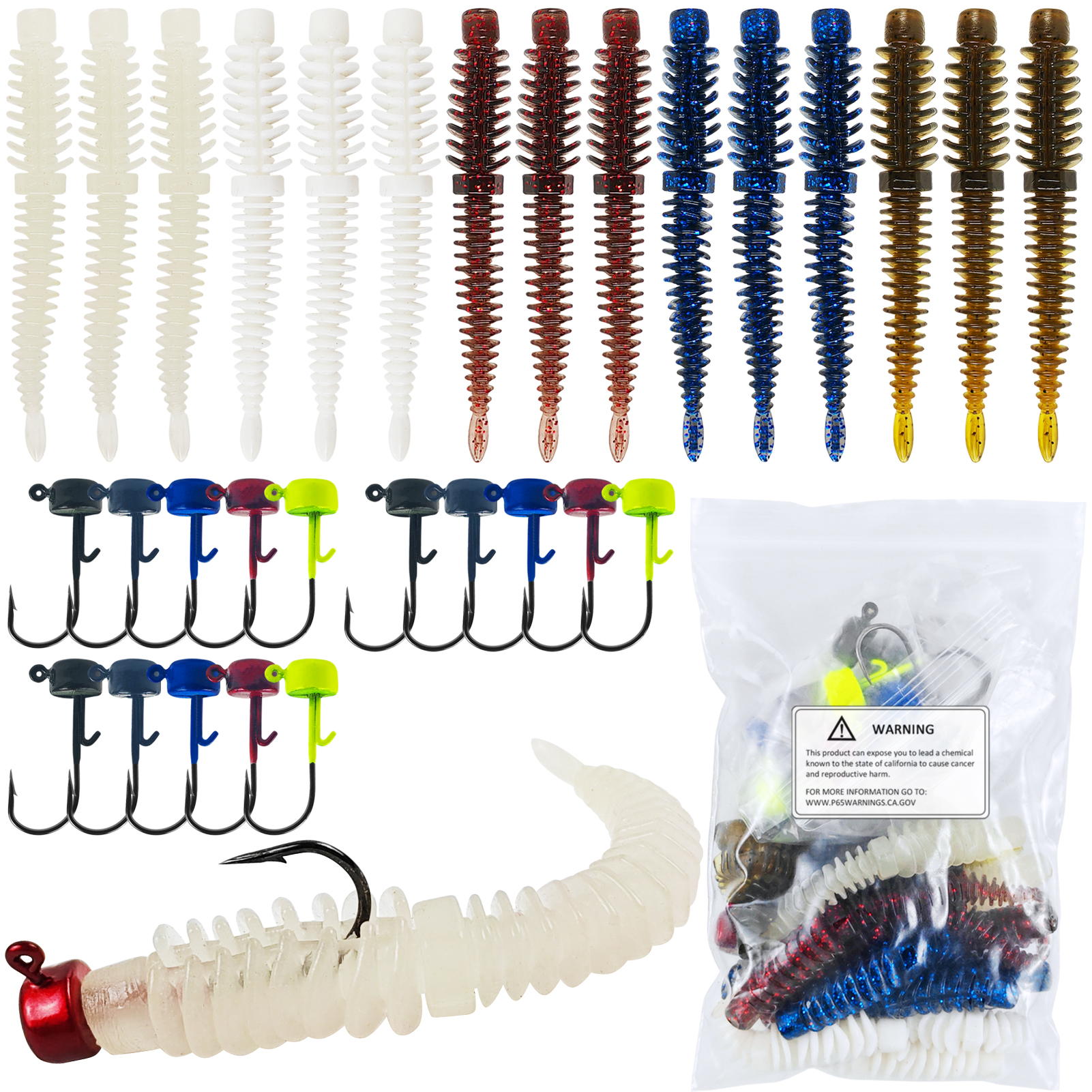 FREE FISHER Thread TPE Worms,Fishy Smell Needle Tailed Soft Insect Baits,Fishing Soft Lures,7.5cm/2g Swimbaits with Ned Hooks(Pack of 30)