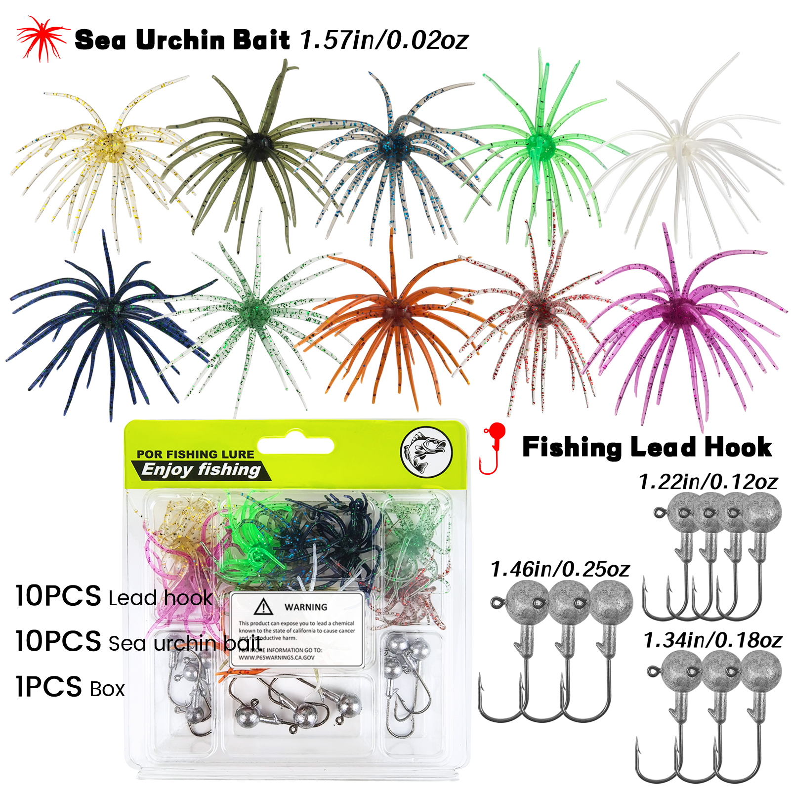 FREE FISHER Sea Urchin Baits Kit,Soft Creature Lures,9cm 3.6g/7cm 1.6g Dice Artificial Fuzzy Bait,Hooks Fishing Weights for Neko Rigs
