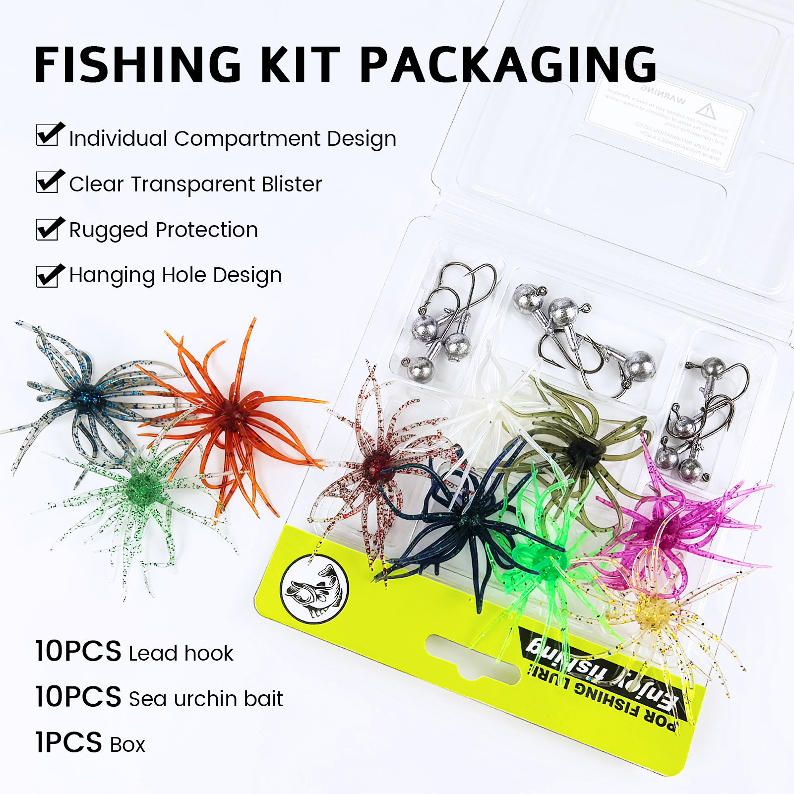 FREE FISHER 20pcs/Lot Fishing Sea Urchin Baits,Floating TPE Soft Creature Lures,7cm 1.6g Dice Artificial Fuzzy Bait with Jig Head Hooks 